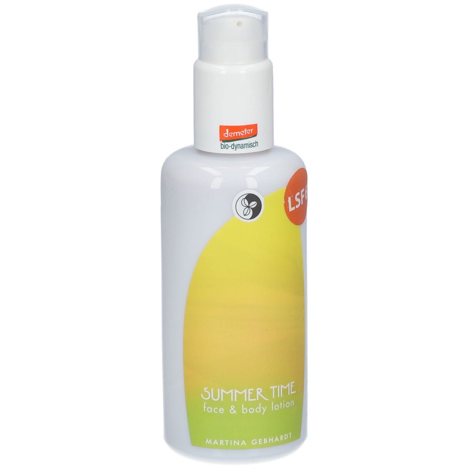 Flacon blanc avec pompe. Inscription: Summer Time Face & Body Lotion, Martina Gebhardt. Label LSF6.