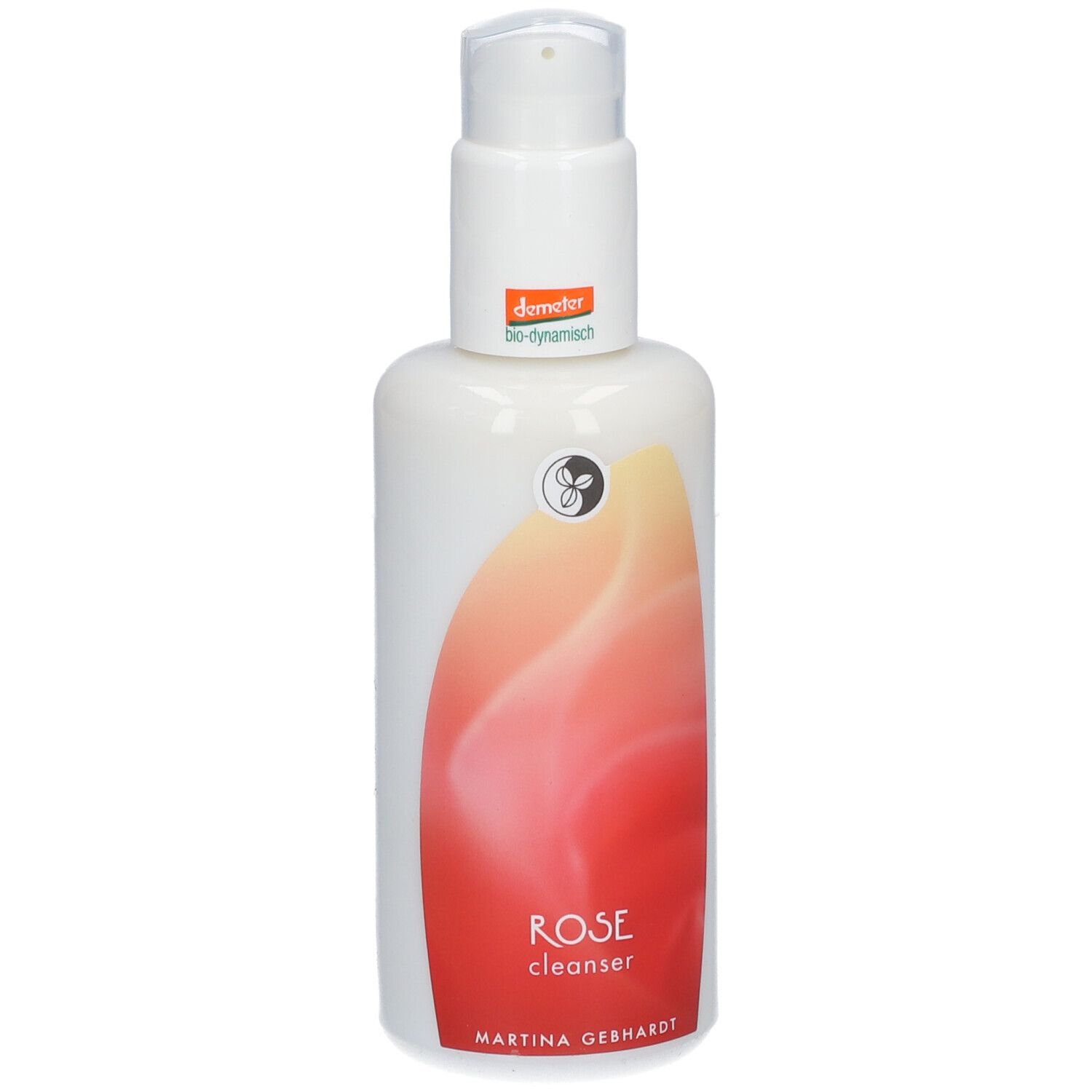 Flacon blanc avec pompe. Étiquette avec texte: ROSE cleanser, Martina Gebhardt. Label Demeter.