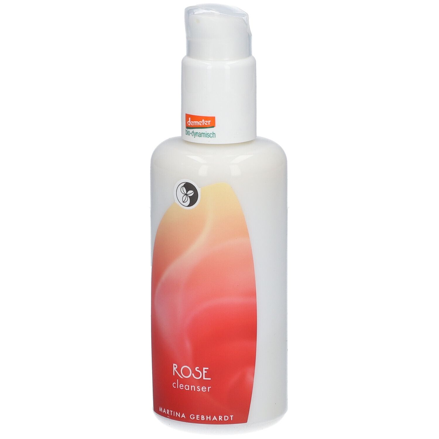 Flacon blanc avec pompe. Étiquette avec texte: ROSE cleanser, Martina Gebhardt. Label Demeter.