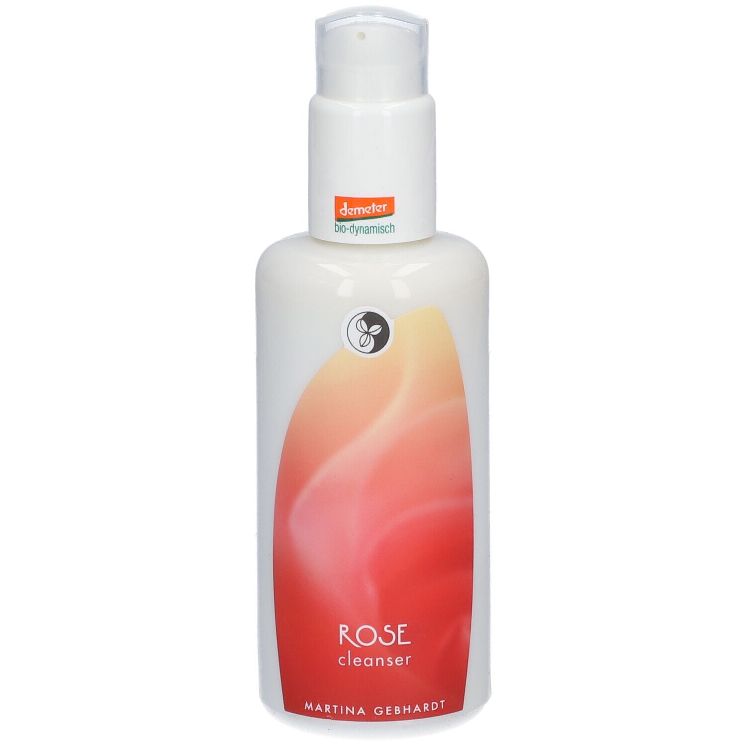Flacon blanc avec pompe. Étiquette avec texte: ROSE cleanser, Martina Gebhardt. Label Demeter.