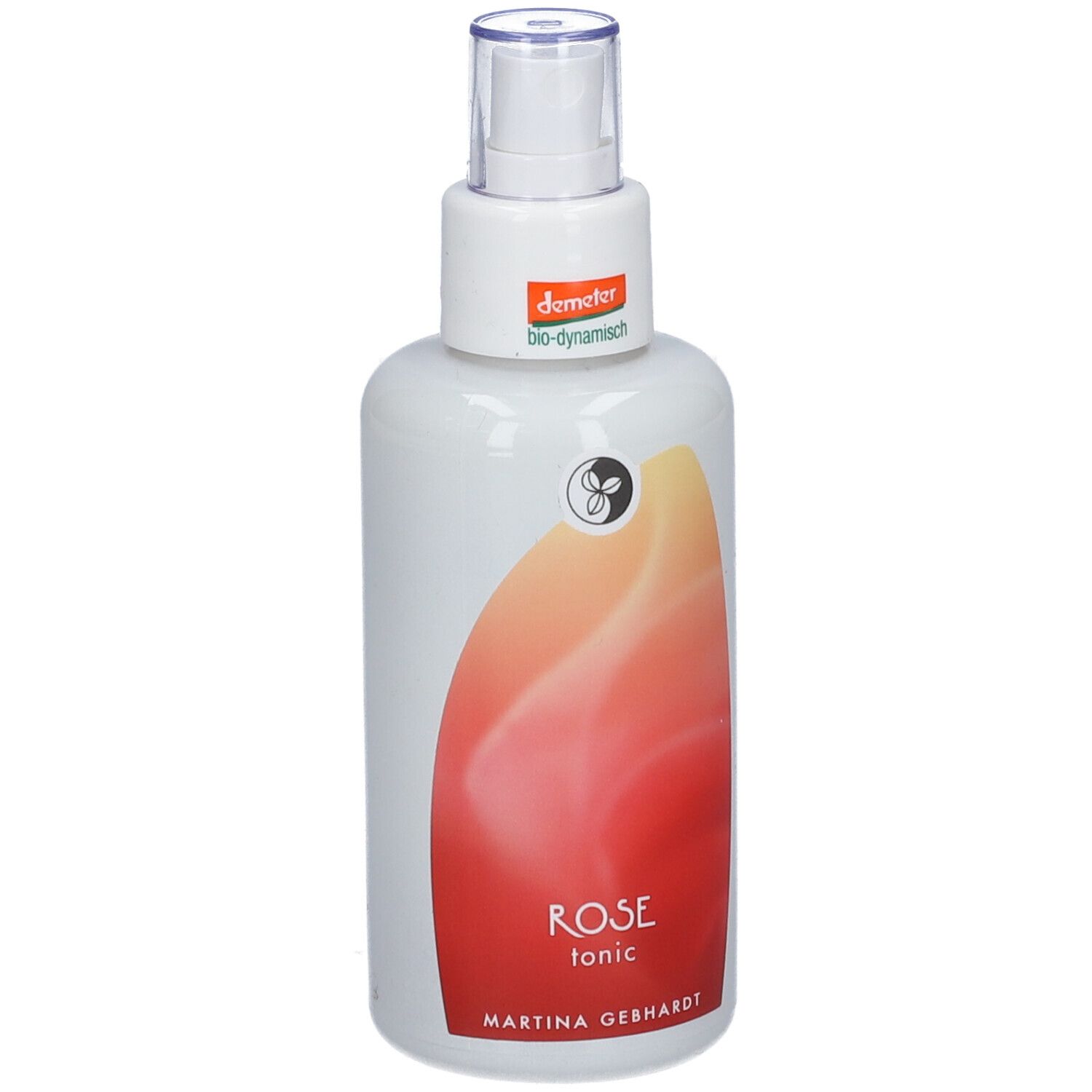Flacon blanc avec vaporisateur. Inscription ROSE tonic et Martina Gebhardt. Label Demeter.