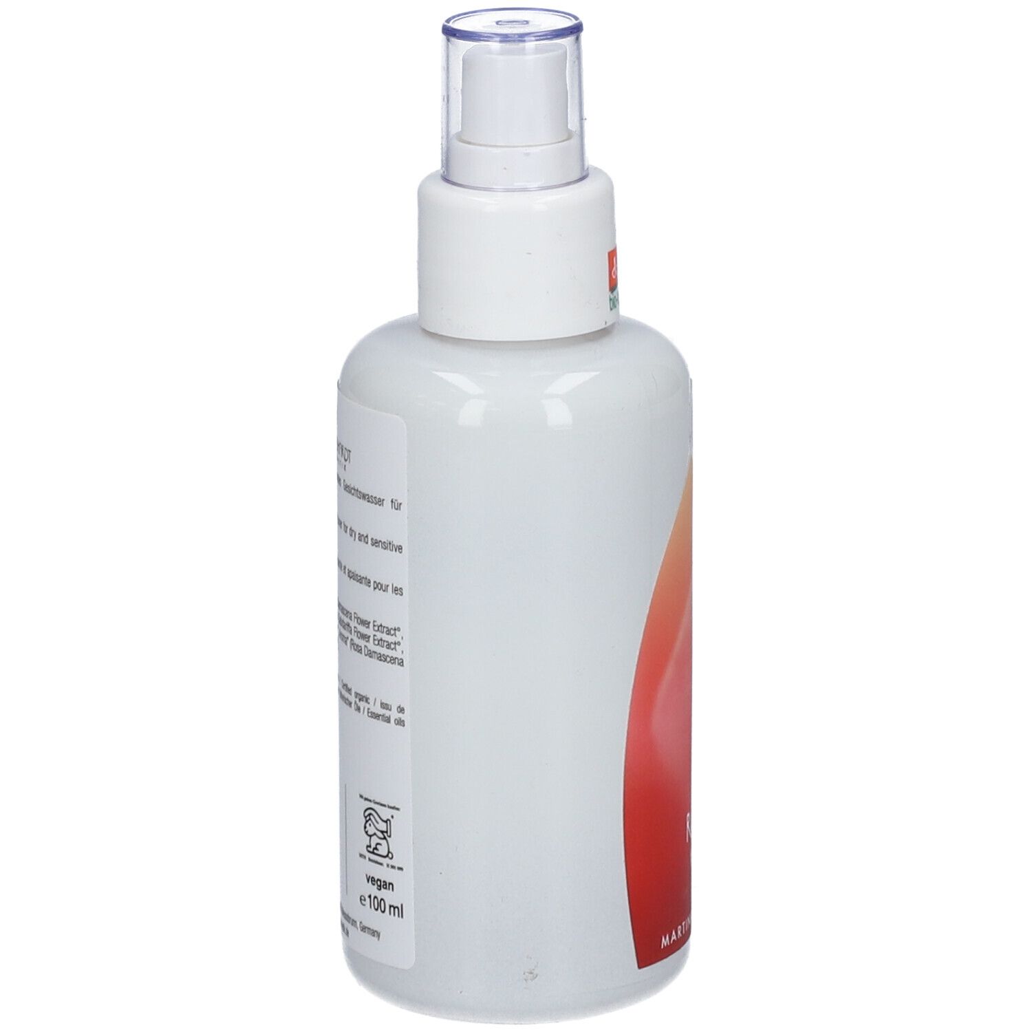 Flacon blanc avec vaporisateur. Inscriptions et ingrédients. Label végan. 100ml.