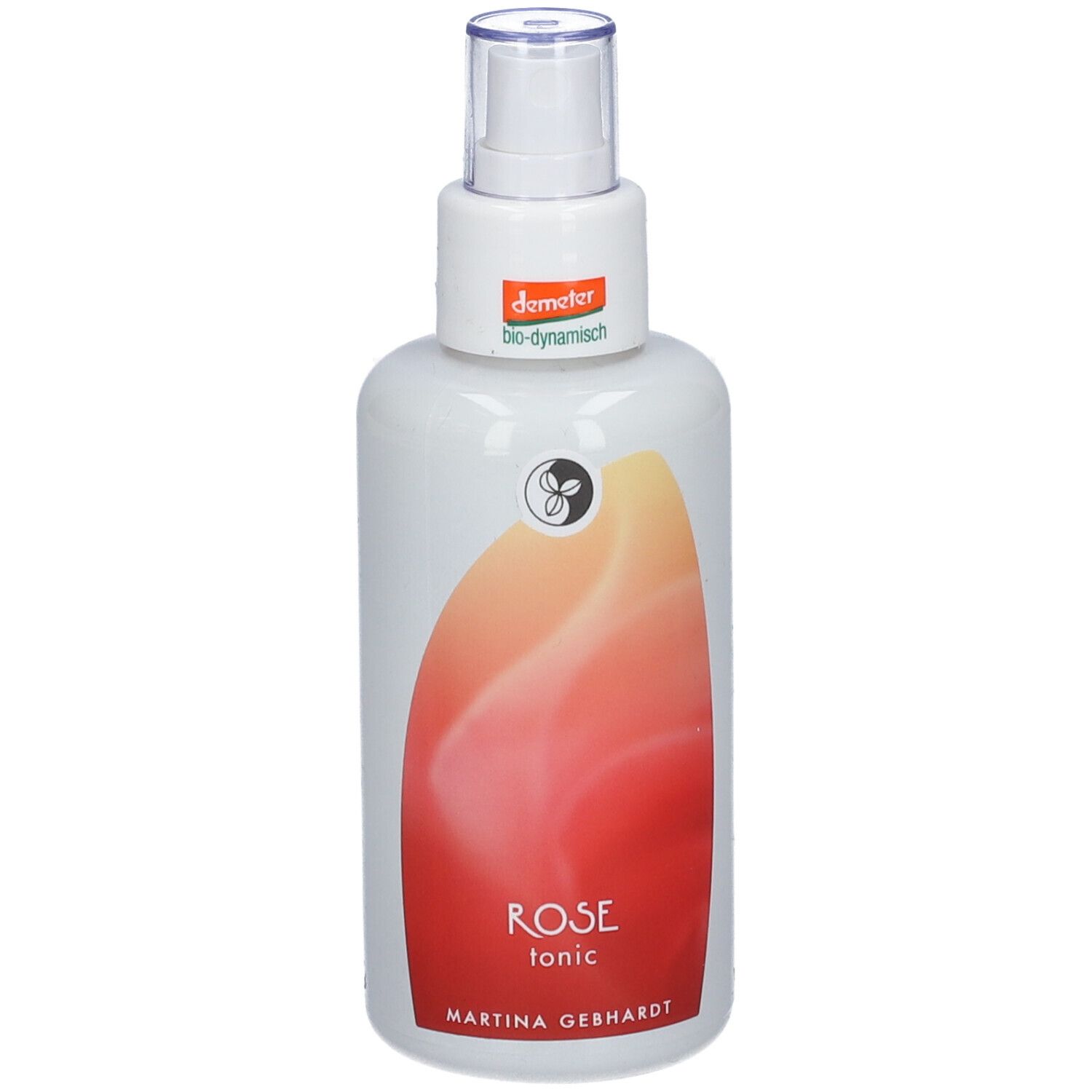 Flacon blanc avec vaporisateur. Inscription ROSE tonic et Martina Gebhardt. Label Demeter.