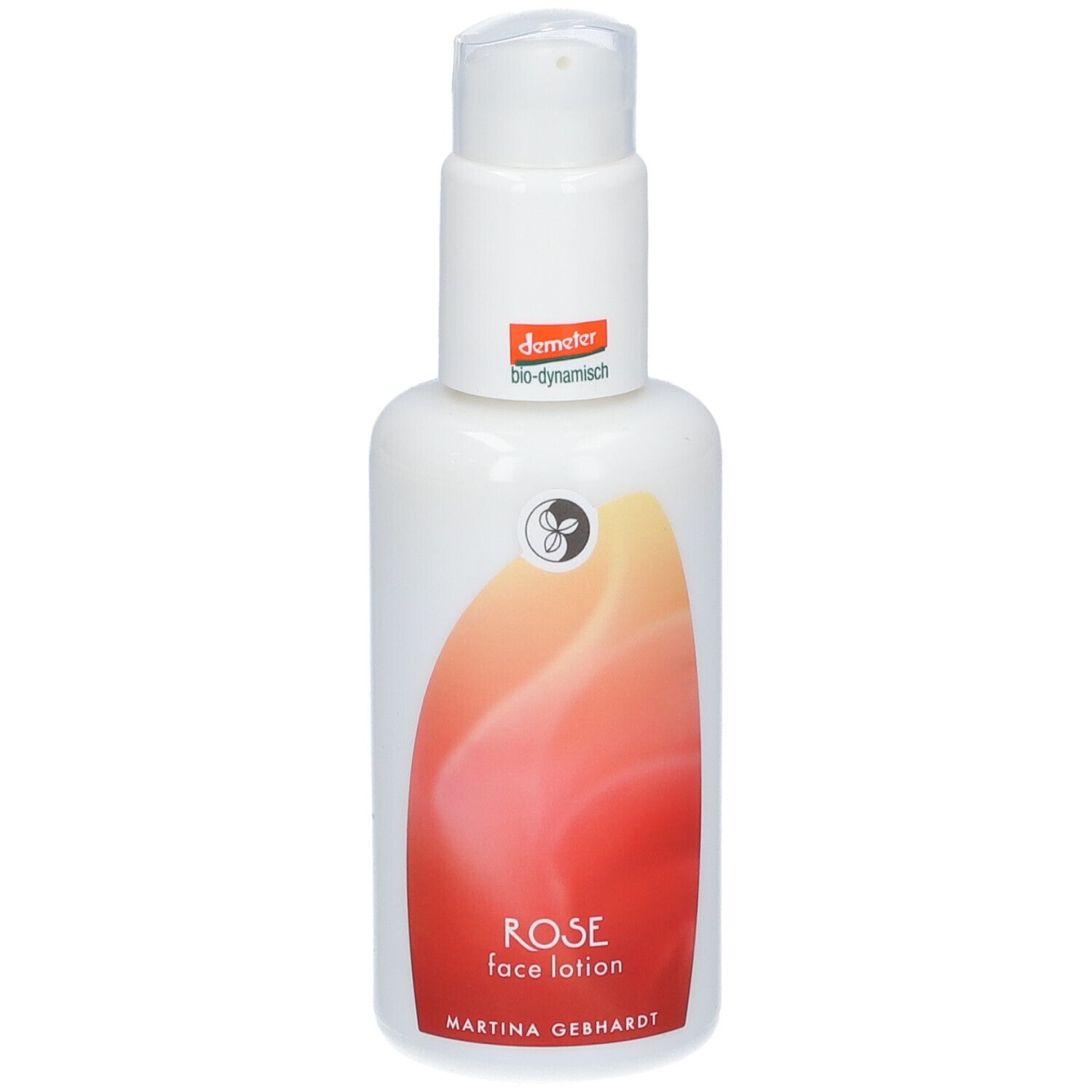 Flacon blanc avec pompe. Inscription: ROSE face lotion, Martina Gebhardt. Label Demeter.