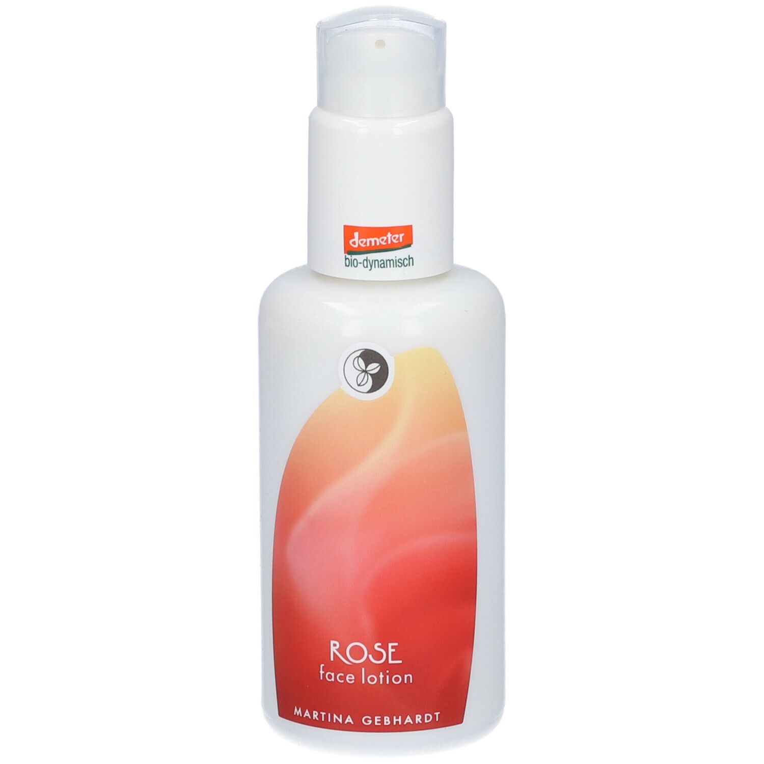 Flacon blanc avec pompe. Inscription: ROSE face lotion, Martina Gebhardt. Label Demeter.