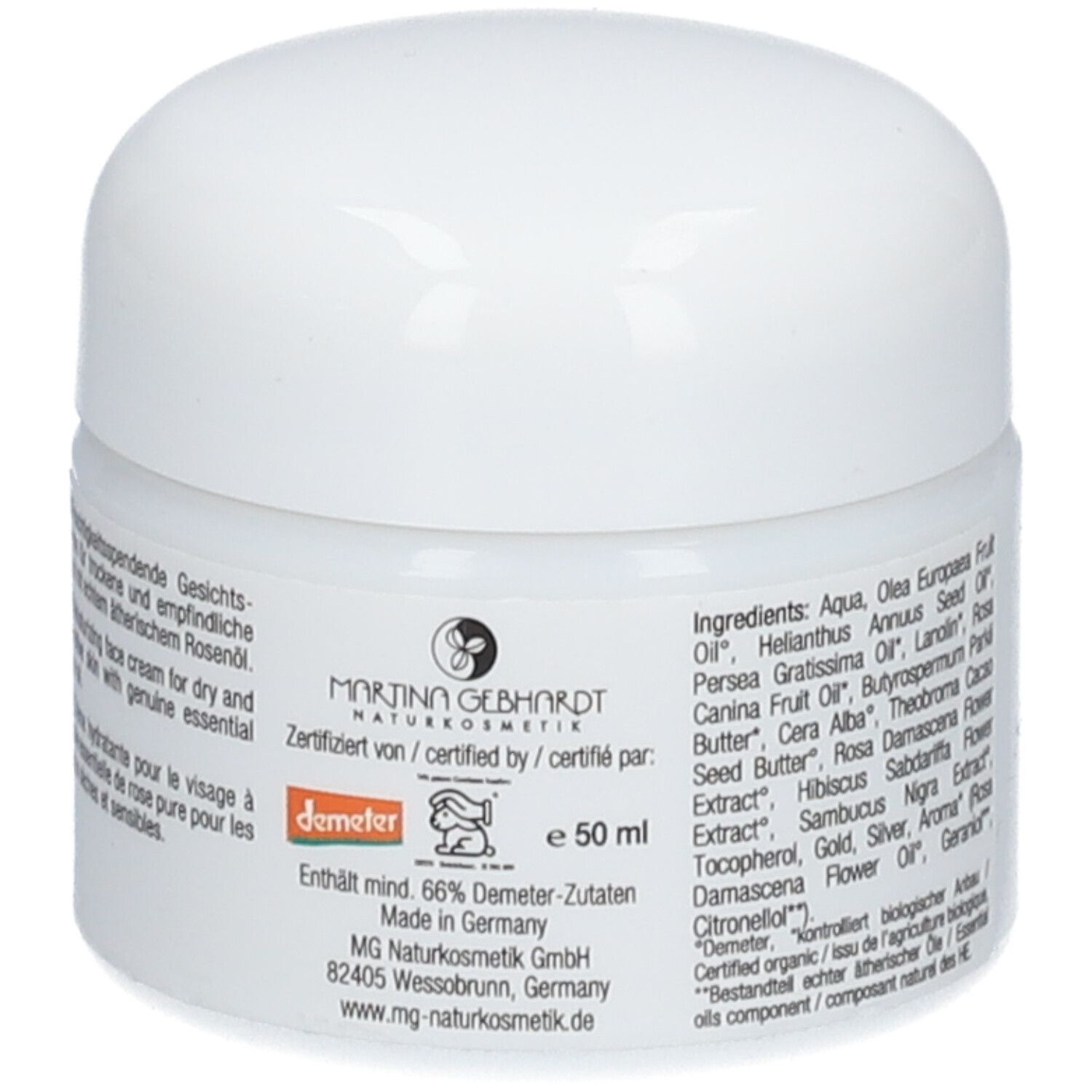 Pot blanc avec couvercle. Inscription: MARTINA GEBHARDT, label Demeter, 50 ml. Texte en allemand et anglais.