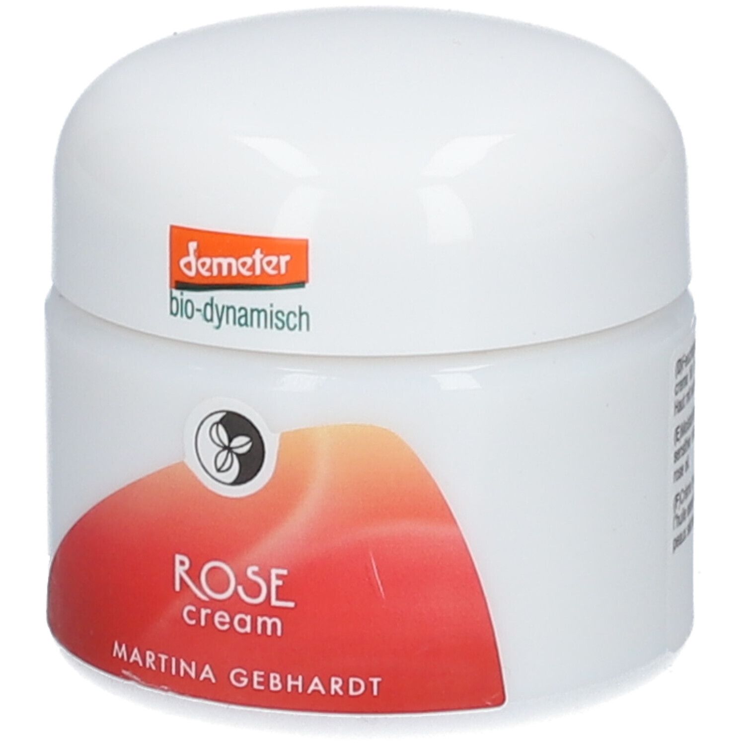 Pot blanc avec couvercle. Inscription: ROSE cream, MARTINA GEBHARDT. Logo et label Demeter.