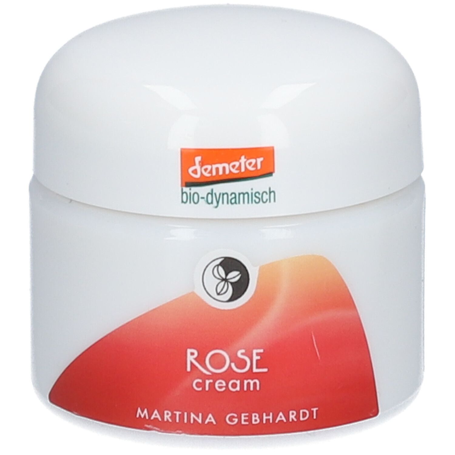 Pot blanc avec couvercle. Inscription: ROSE cream, MARTINA GEBHARDT. Logo et label Demeter.