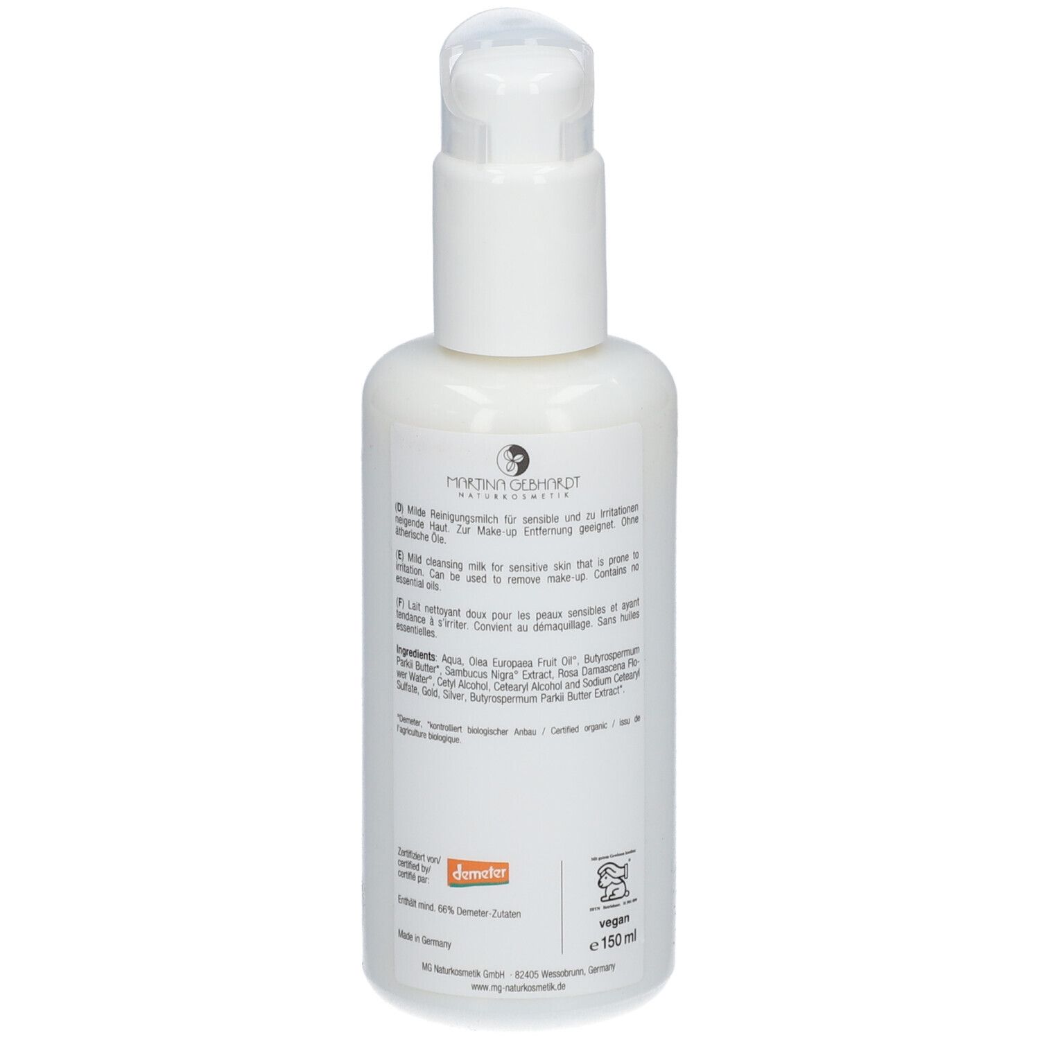 Dos du flacon blanc avec pompe. Texte et ingrédients. Label Demeter. Logo vegan.