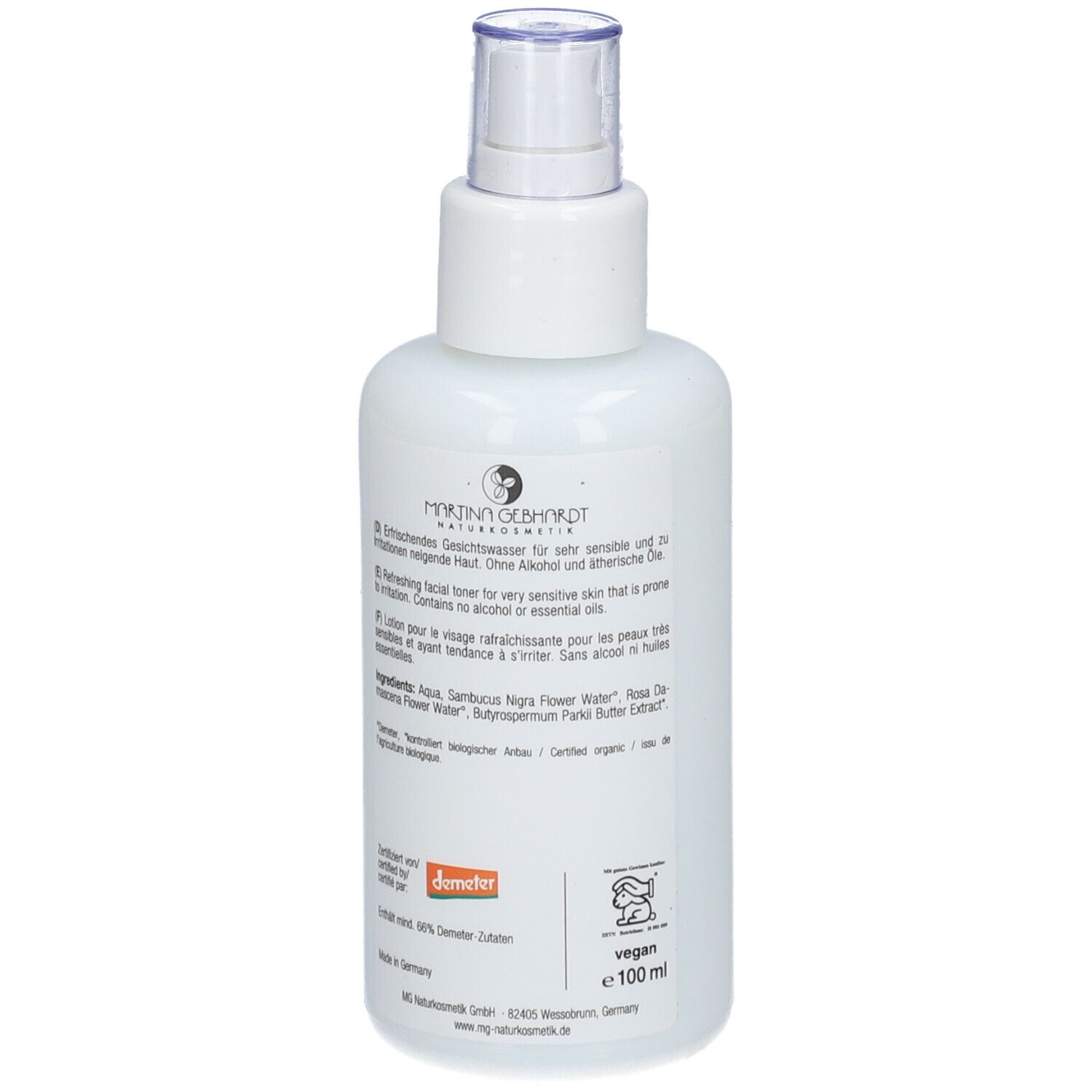 Arrière du flacon Martina Gebhardt Sheabutter Tonic avec ingrédients et sceaux.