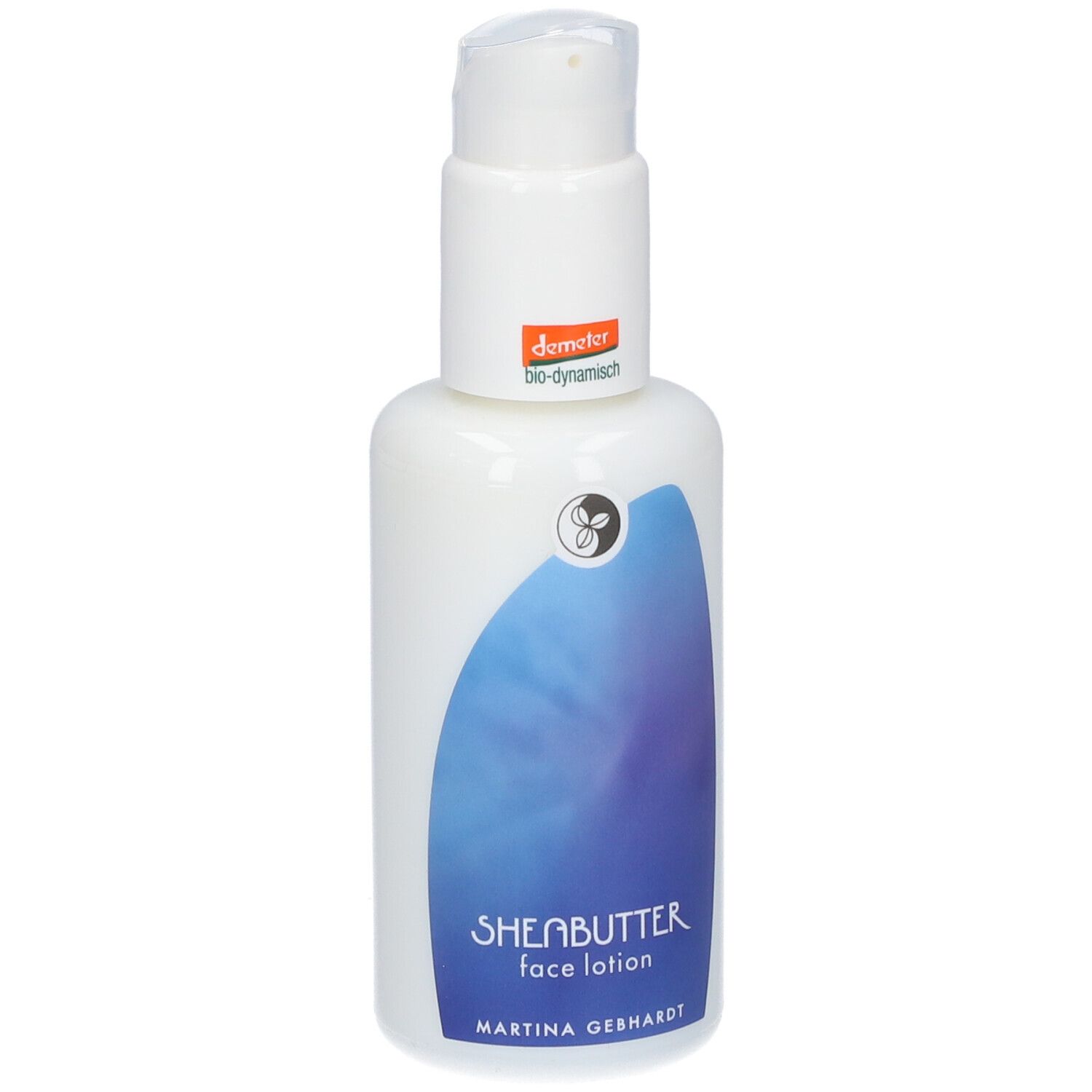 Lait visage Karité Martina Gebhardt dans flacon pompe blanc avec étiquette bleue.