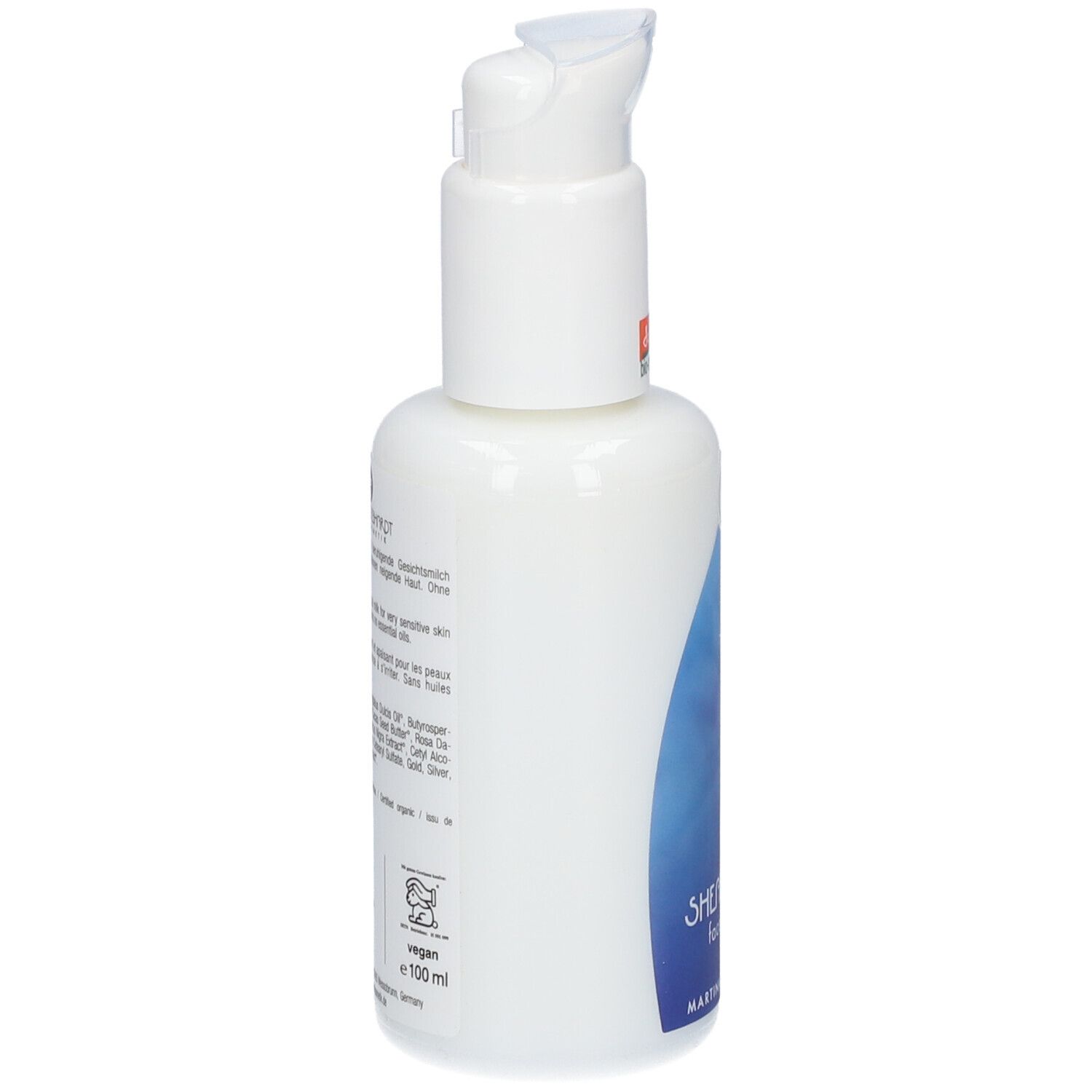 Arrière du flacon Lait visage Karité Martina Gebhardt avec informations produit.