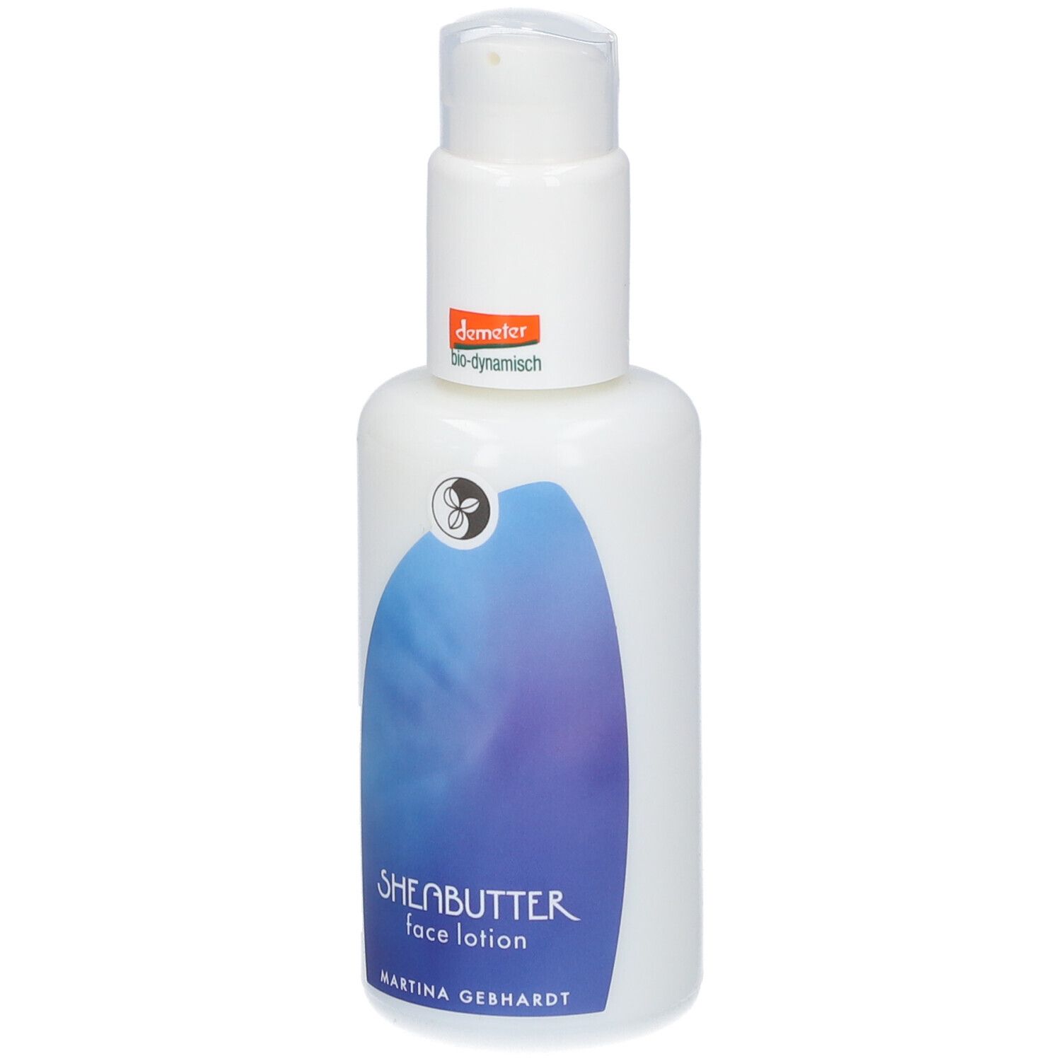 Lait visage Karité Martina Gebhardt dans flacon pompe blanc avec étiquette bleue.