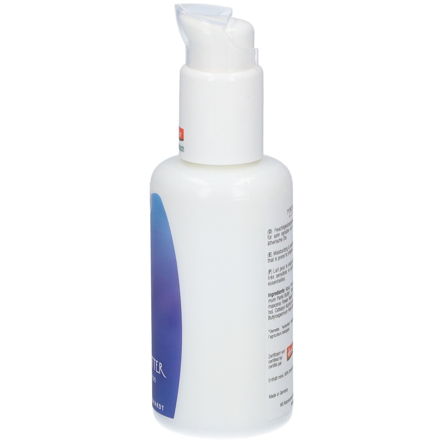 Arrière du flacon Lait visage Karité Martina Gebhardt avec informations produit.