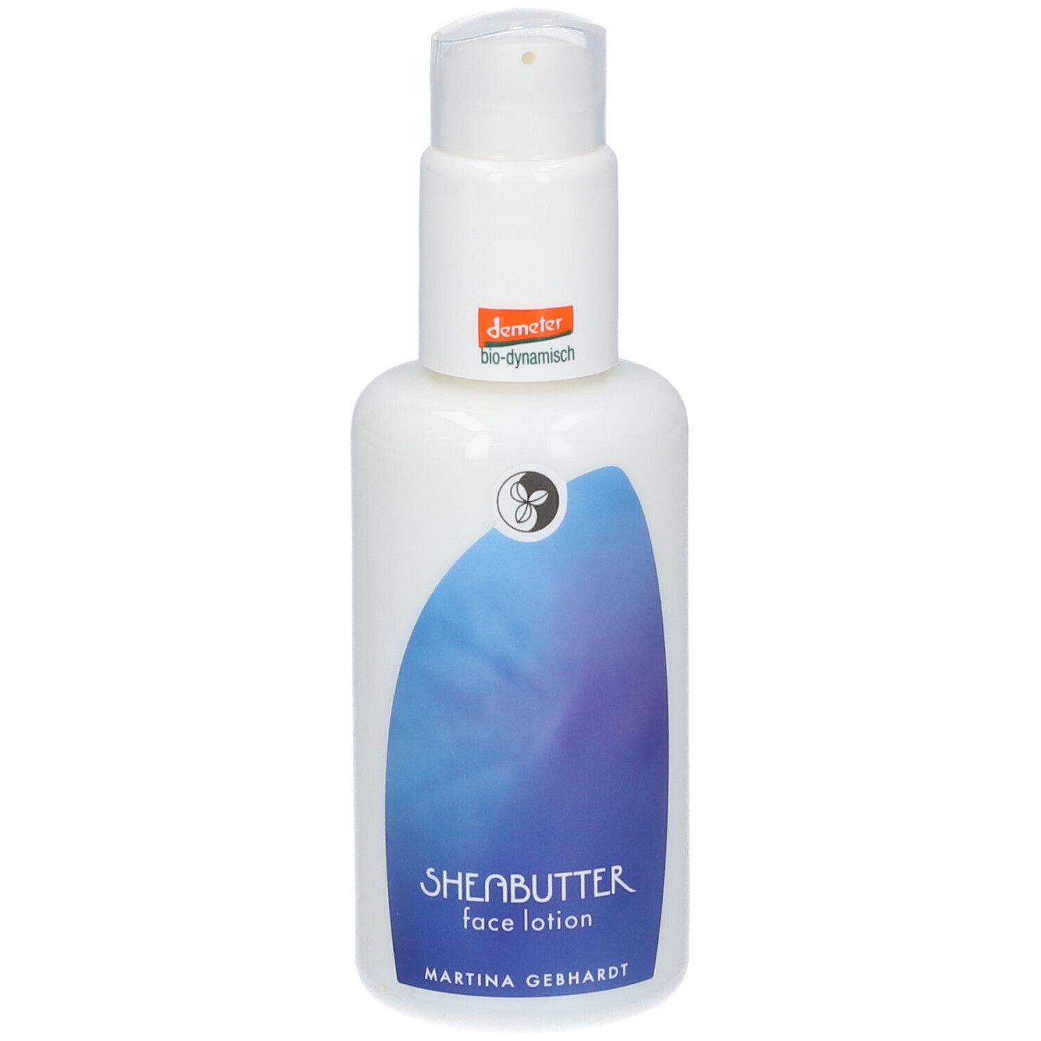 Lait visage Karité Martina Gebhardt dans flacon pompe blanc avec étiquette bleue.