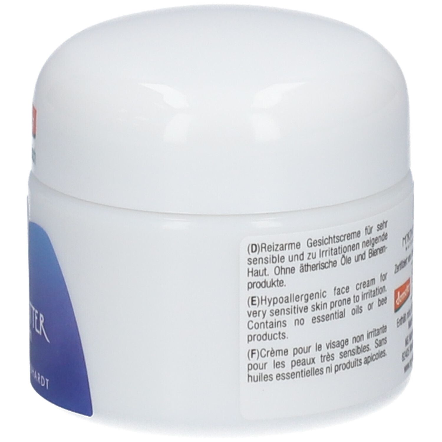 Crème au beurre de karité Martina Gebhardt : Pot avec description 'Hypoallergenic face cream for very sensitive skin'.