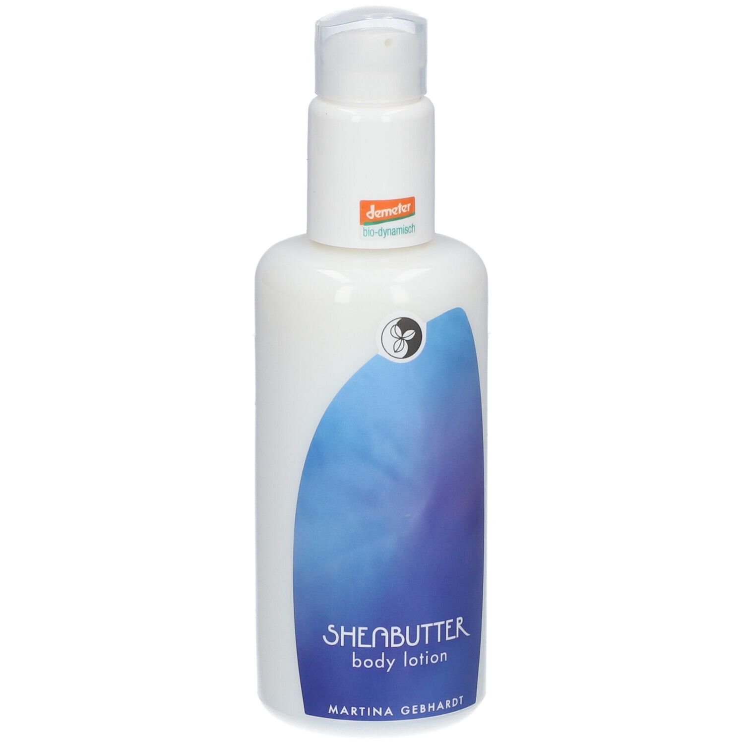 Flacon pompe blanc avec motif ondulé bleu et inscription 'SHEABUTTER body lotion'.