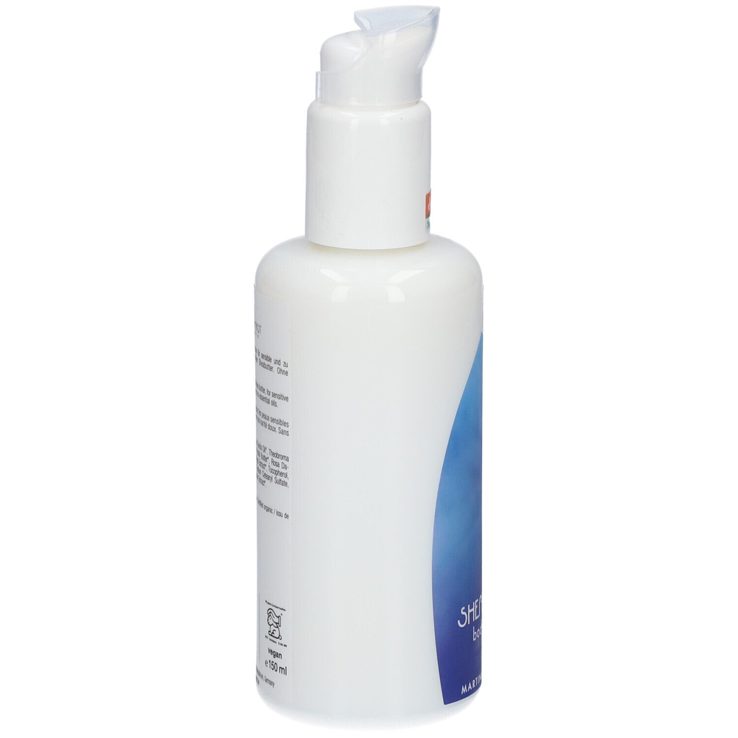 Vue latérale d'un flacon pompe blanc avec motif ondulé bleu et informations produit.