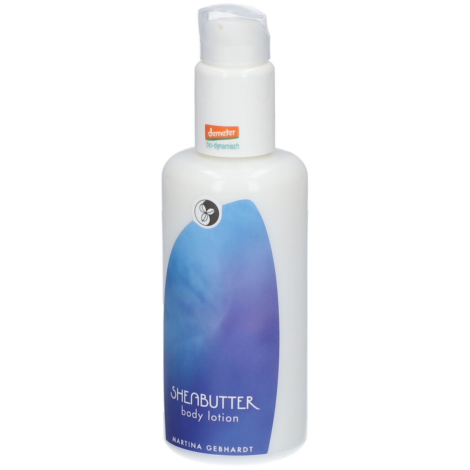 Flacon pompe blanc avec motif ondulé bleu et inscription 'SHEABUTTER body lotion'.
