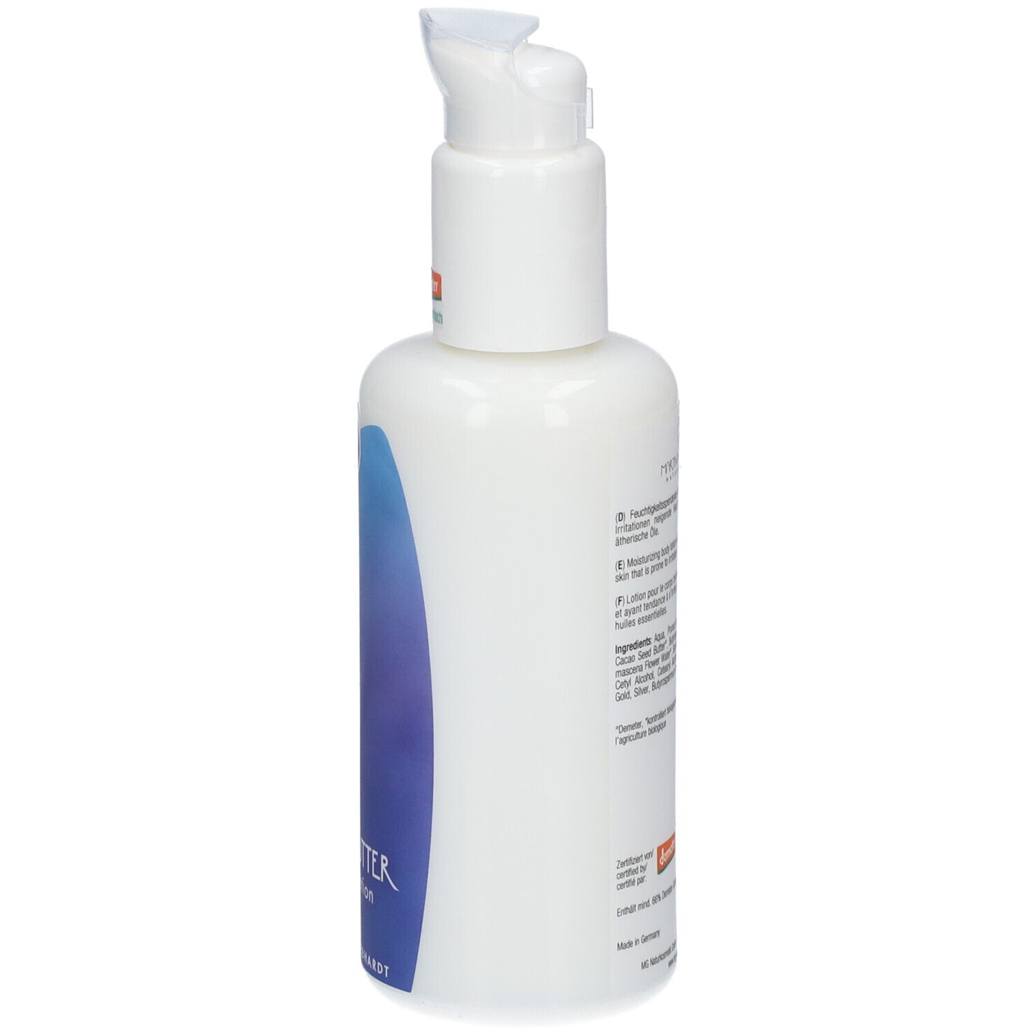 Vue latérale d'un flacon pompe blanc avec motif ondulé bleu et informations produit.