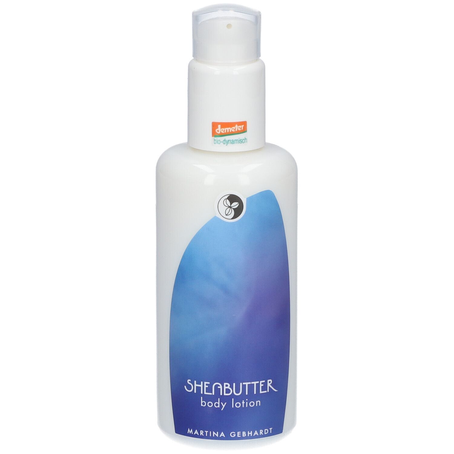 Flacon pompe blanc avec motif ondulé bleu et inscription 'SHEABUTTER body lotion'.
