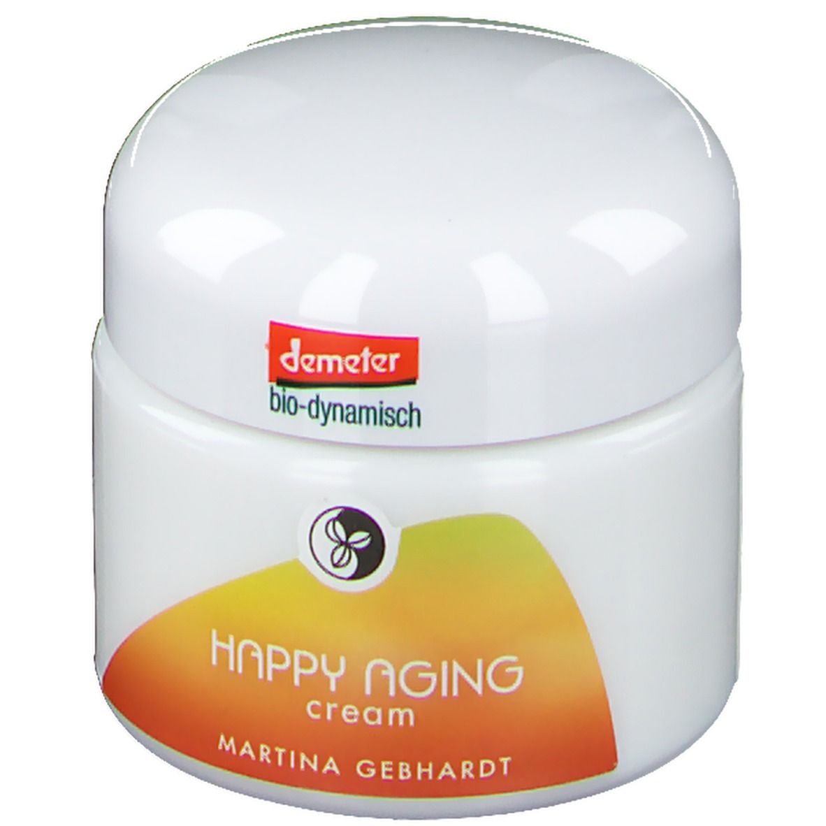 Crème visage Martina Gebhardt Happy Aging dans un pot blanc avec étiquette orange-jaune.
