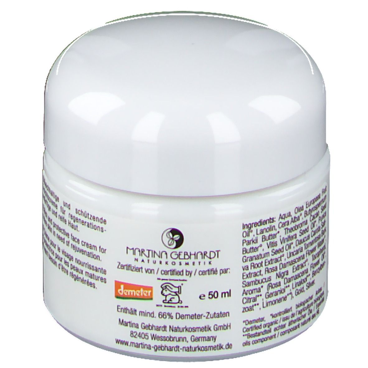 Crème visage Martina Gebhardt Happy Aging, pot avec sceau Demeter et liste des ingrédients.