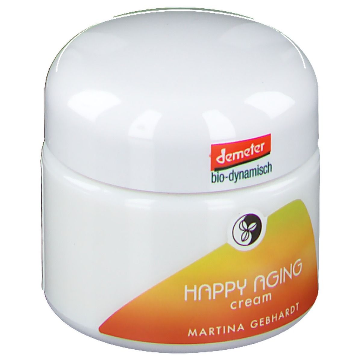 Crème visage Martina Gebhardt Happy Aging dans un pot blanc avec étiquette orange-jaune.