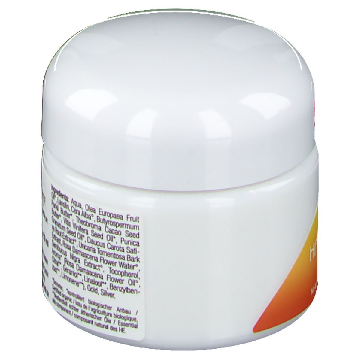 Crème visage Martina Gebhardt Happy Aging, pot avec liste des ingrédients et sceau Demeter.