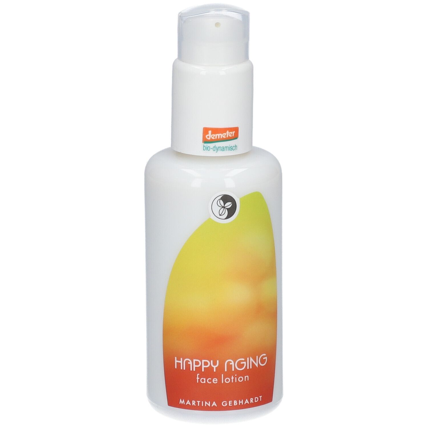 Flacon blanc avec distributeur à pompe et étiquette dégradé orange et jaune.