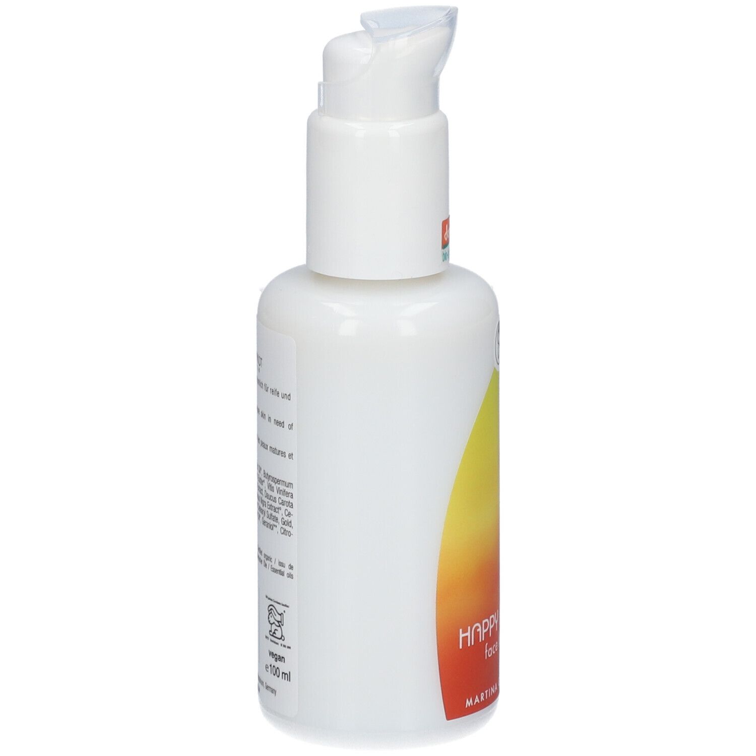 Flacon blanc avec distributeur à pompe, côté avec étiquette dégradé orange et jaune.