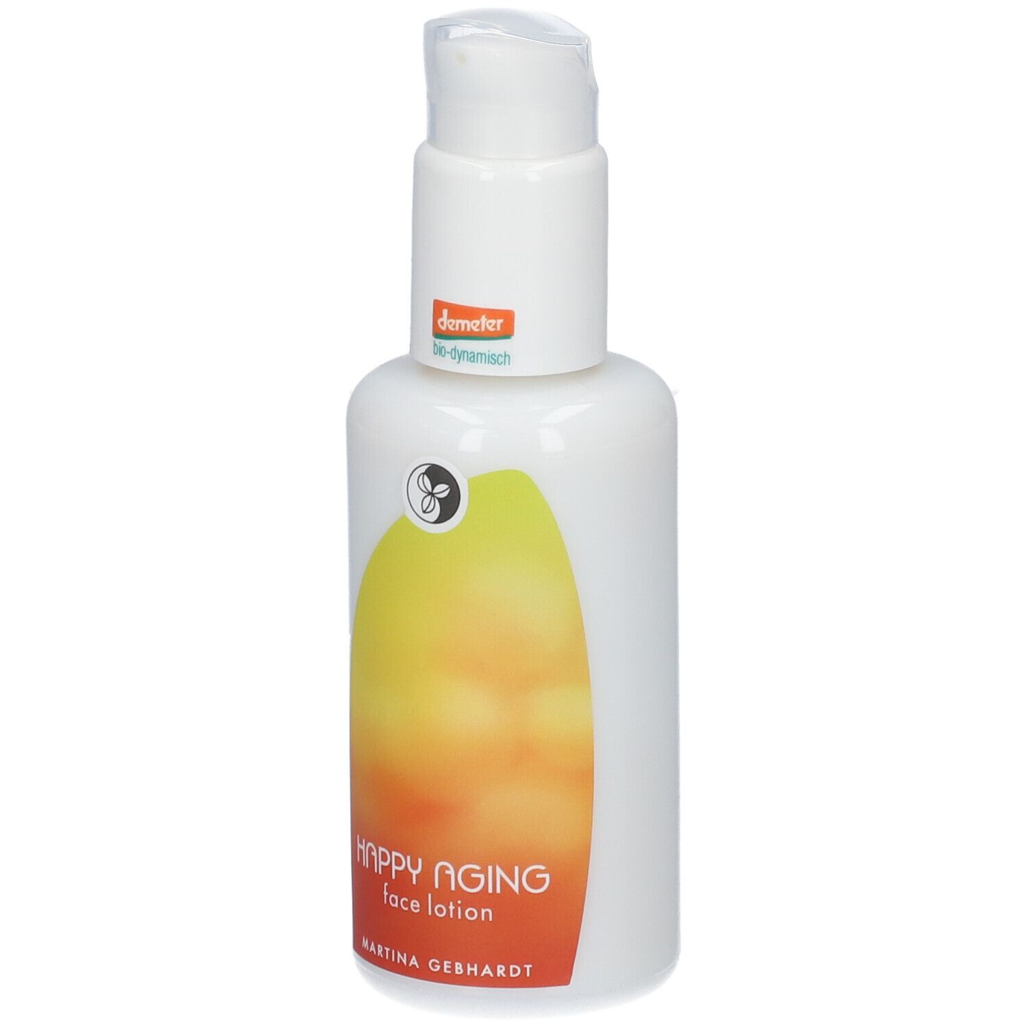 Flacon blanc avec distributeur à pompe, étiquette avec 'HAPPY AGING face lotion' et logo.
