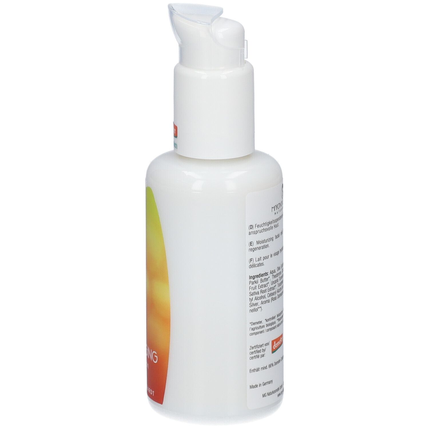 Flacon blanc avec distributeur à pompe et étiquette dégradé orange et jaune.