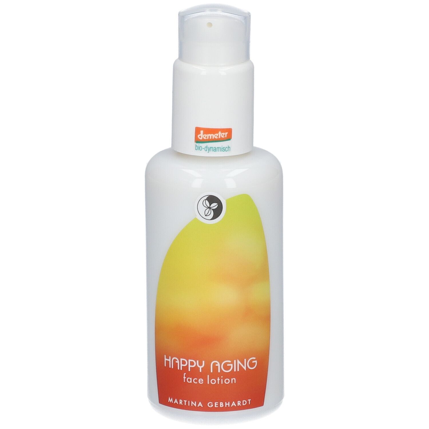 Flacon blanc avec distributeur à pompe, étiquette avec 'HAPPY AGING face lotion' et sceau Demeter.