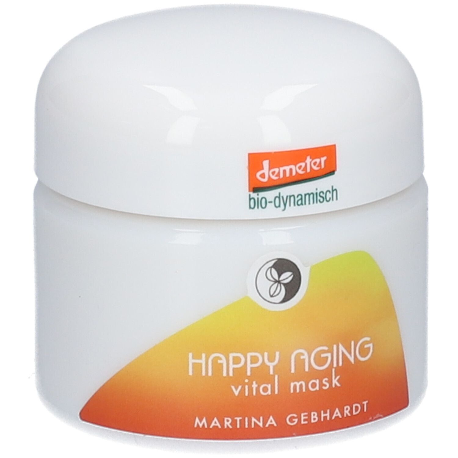 Masque vitalisant HAPPY AGING Martina Gebhardt, pot de 50 ml avec sceau Demeter.