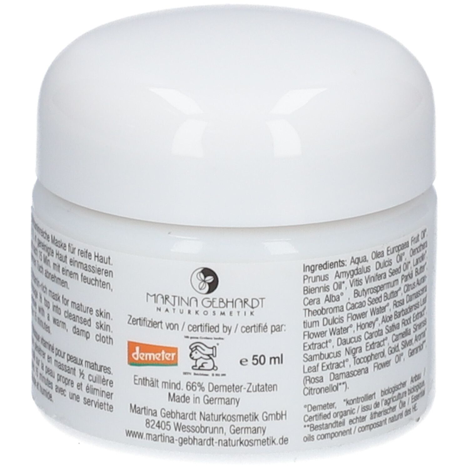 Masque vitalisant HAPPY AGING Martina Gebhardt, 50 ml, Fabriqué en Allemagne, certifié Demeter.