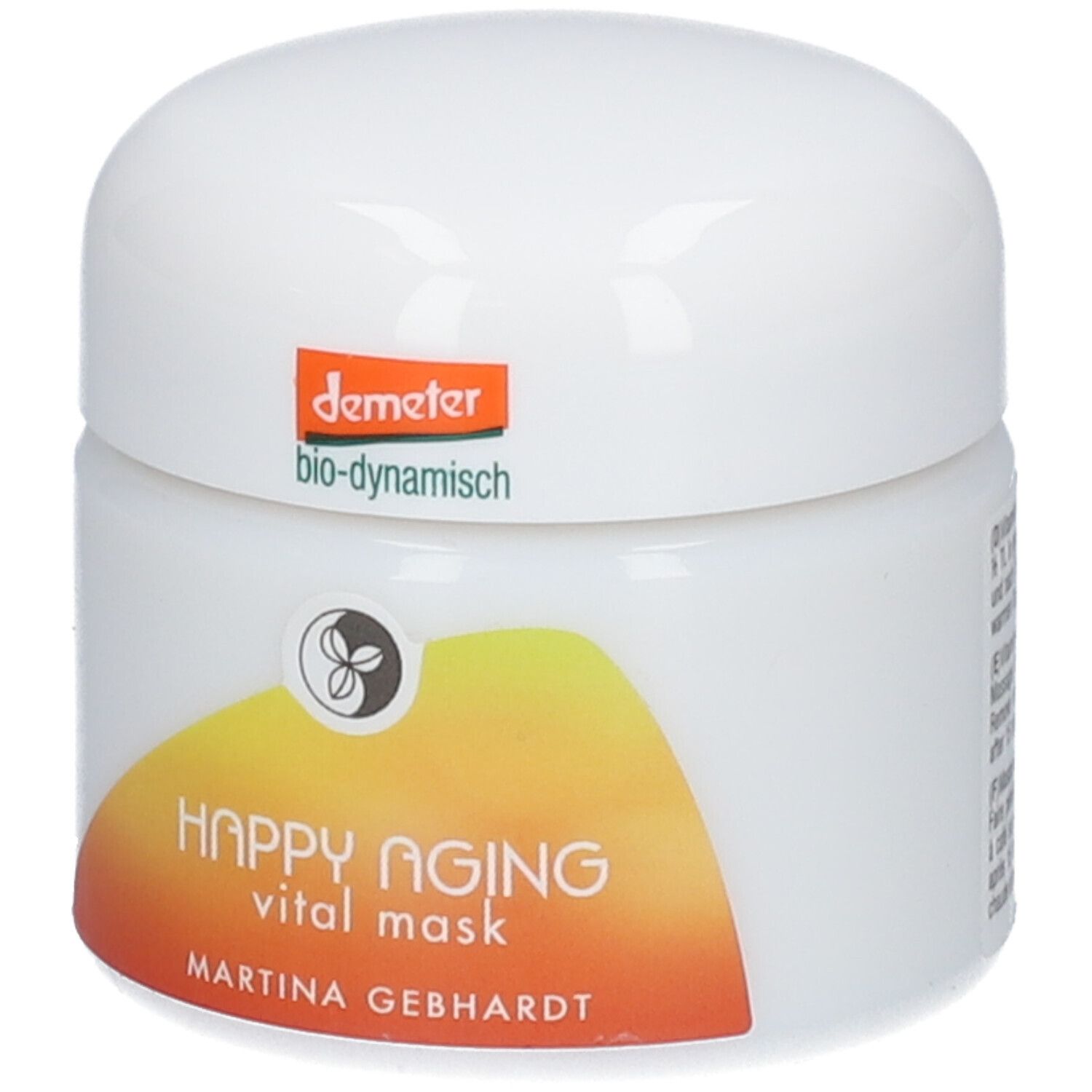 Masque vitalisant HAPPY AGING Martina Gebhardt, pot de 50 ml avec sceau Demeter.