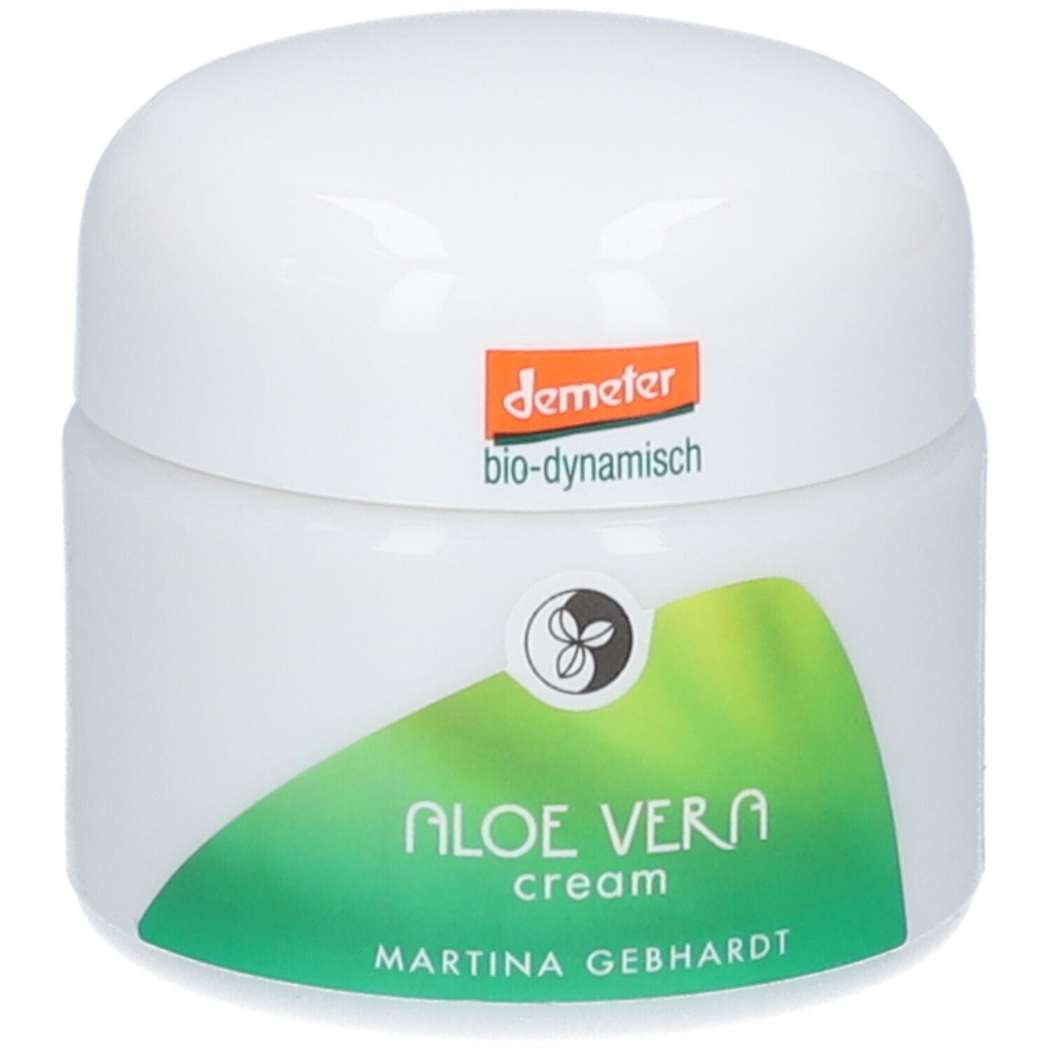 Crème Martina Gebhardt à l'Aloe Vera : pot blanc avec étiquette verte et sceau Demeter.