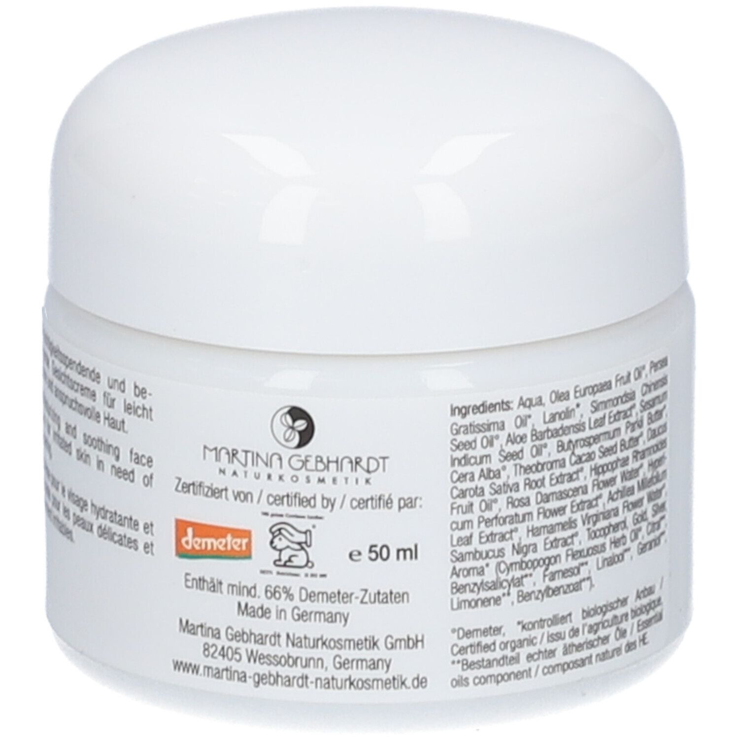 Crème Martina Gebhardt à l'Aloe Vera : arrière avec ingrédients, sceau Demeter et indication 50 ml.