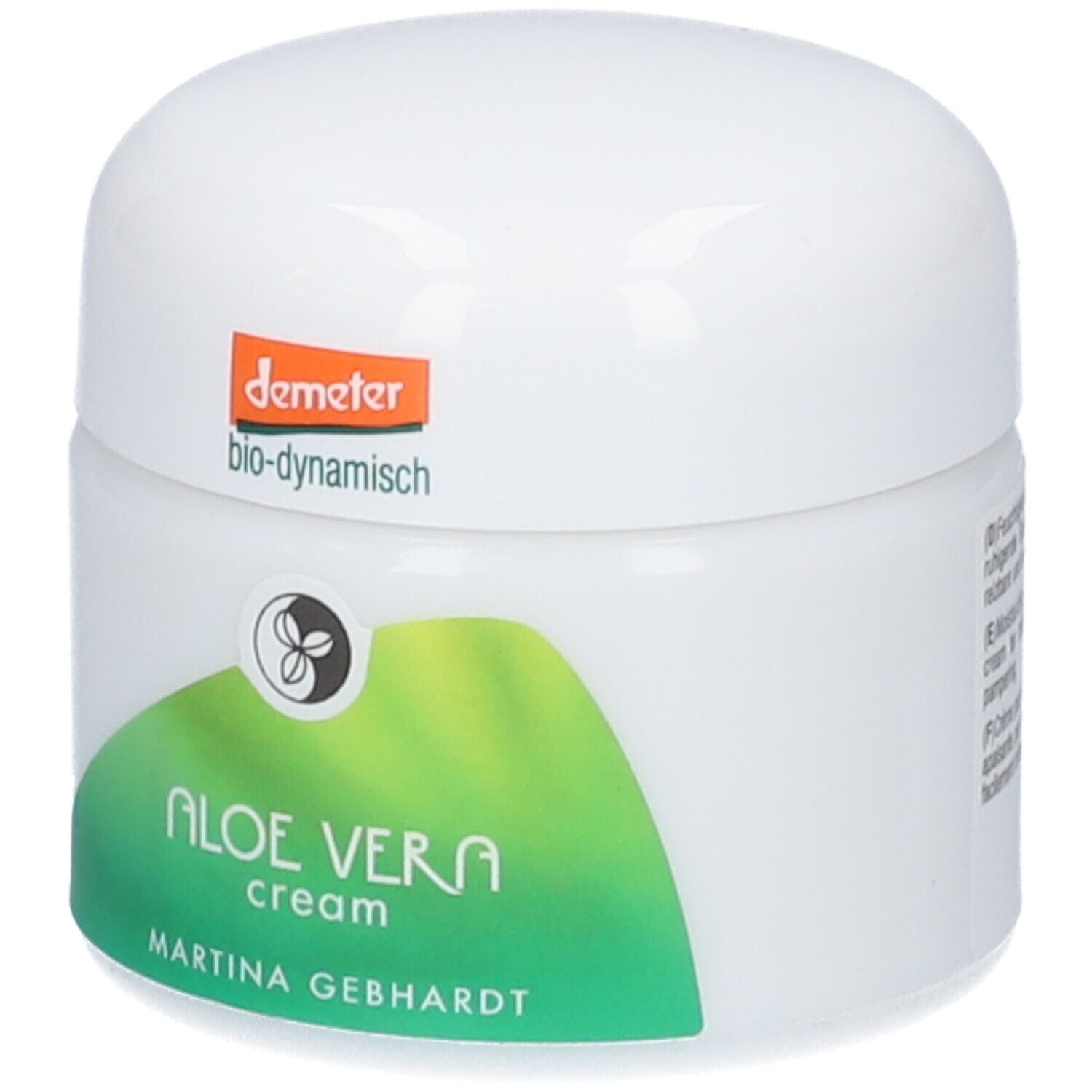 Crème Martina Gebhardt à l'Aloe Vera : pot blanc avec étiquette verte et sceau Demeter.