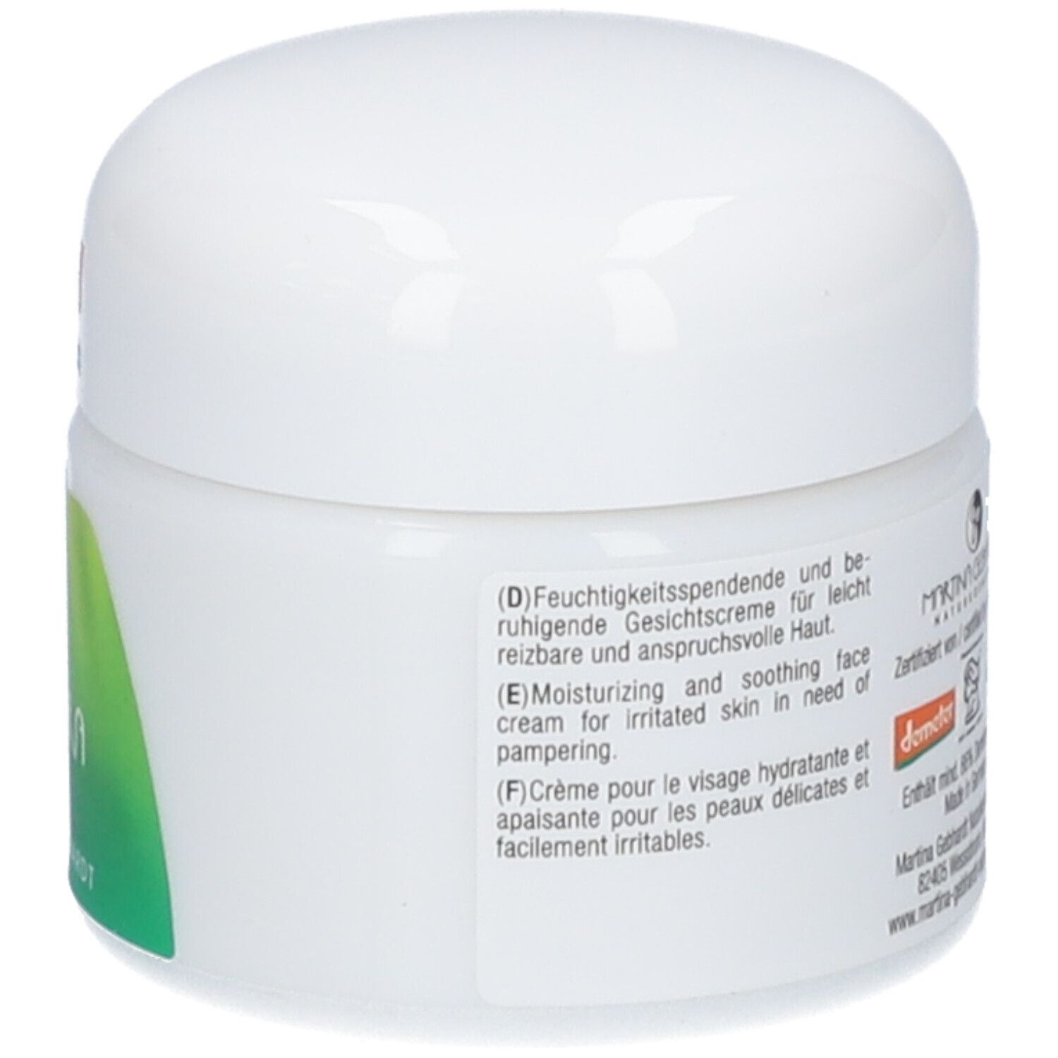 Crème Martina Gebhardt à l'Aloe Vera : pot blanc avec étiquette verte et sceau Demeter.