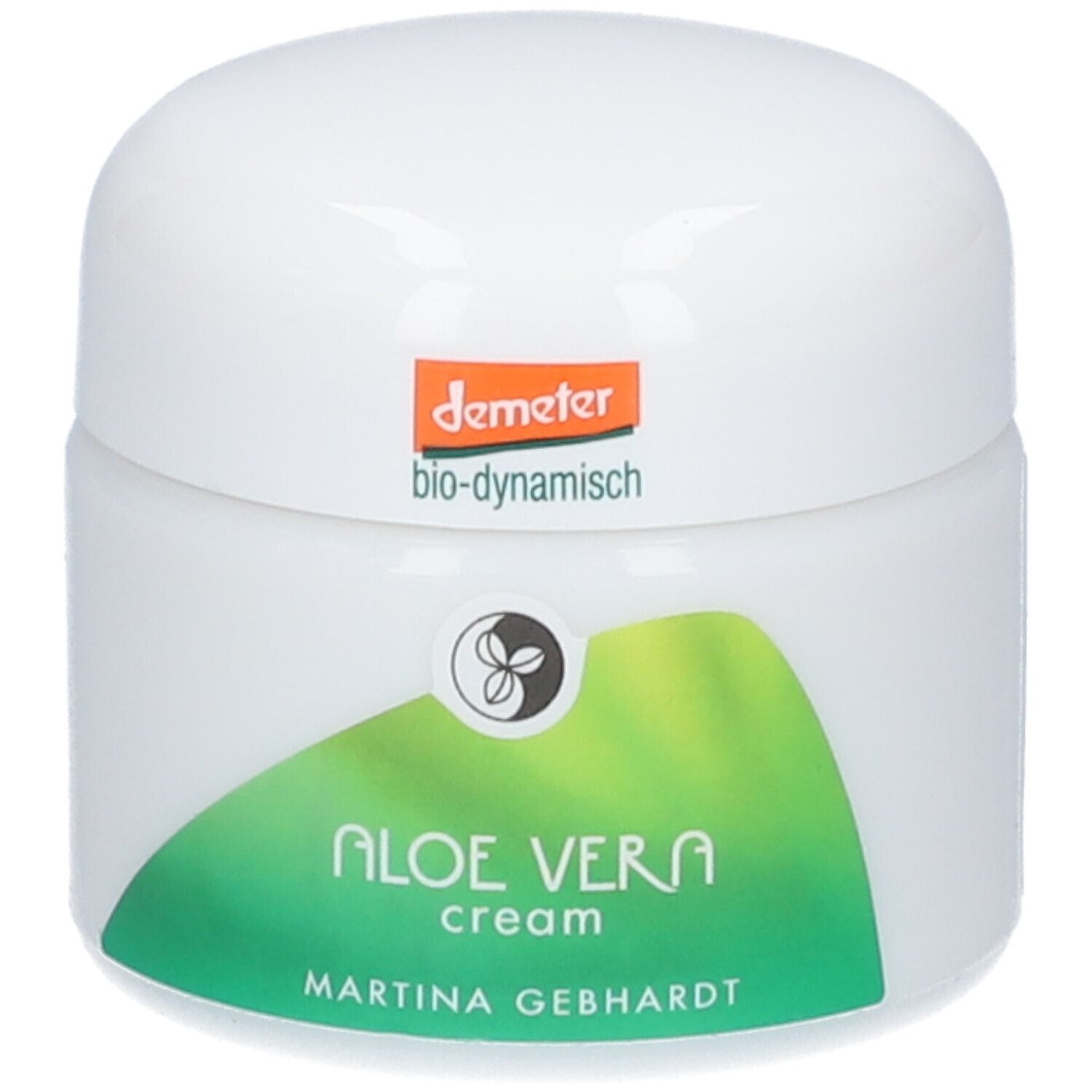Crème Martina Gebhardt à l'Aloe Vera : pot blanc avec étiquette verte et sceau Demeter.