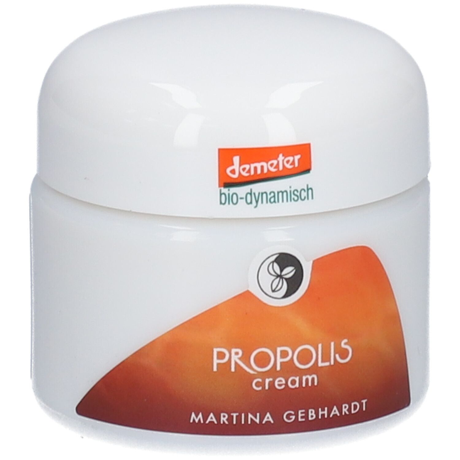 Crème Propolis Martina Gebhardt : Pot blanc avec étiquette orange-brun. Sceau Demeter bio-dynamique.