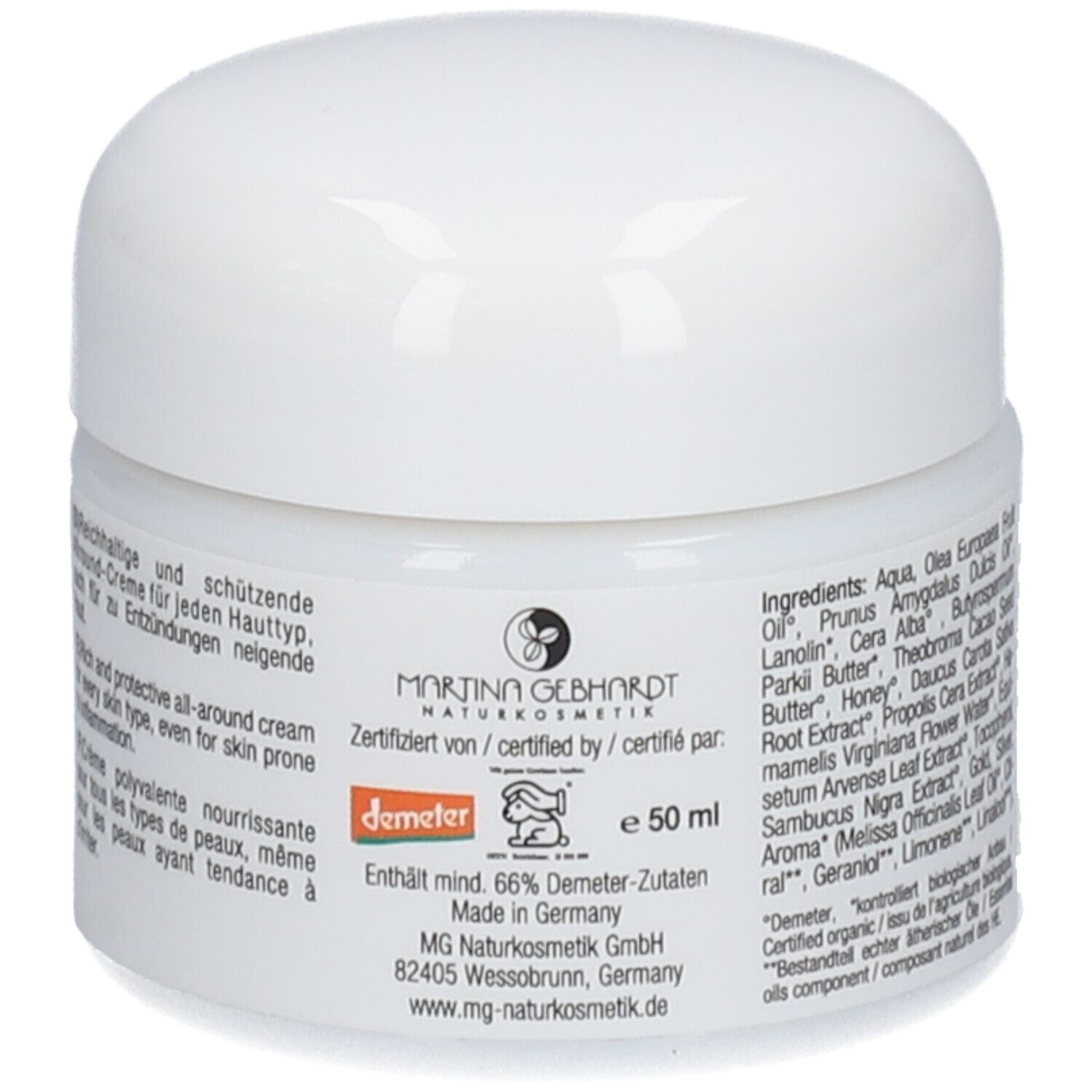 Crème Propolis Martina Gebhardt : Pot avec informations produit, sceau Demeter et indication 50 ml.