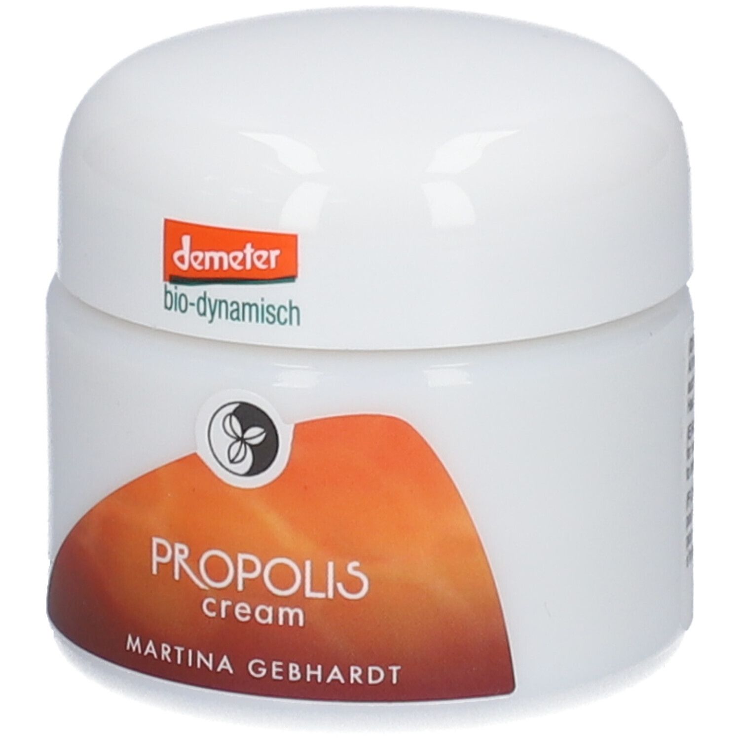 Crème Propolis Martina Gebhardt : Pot blanc avec étiquette orange-brun. Sceau Demeter bio-dynamique.