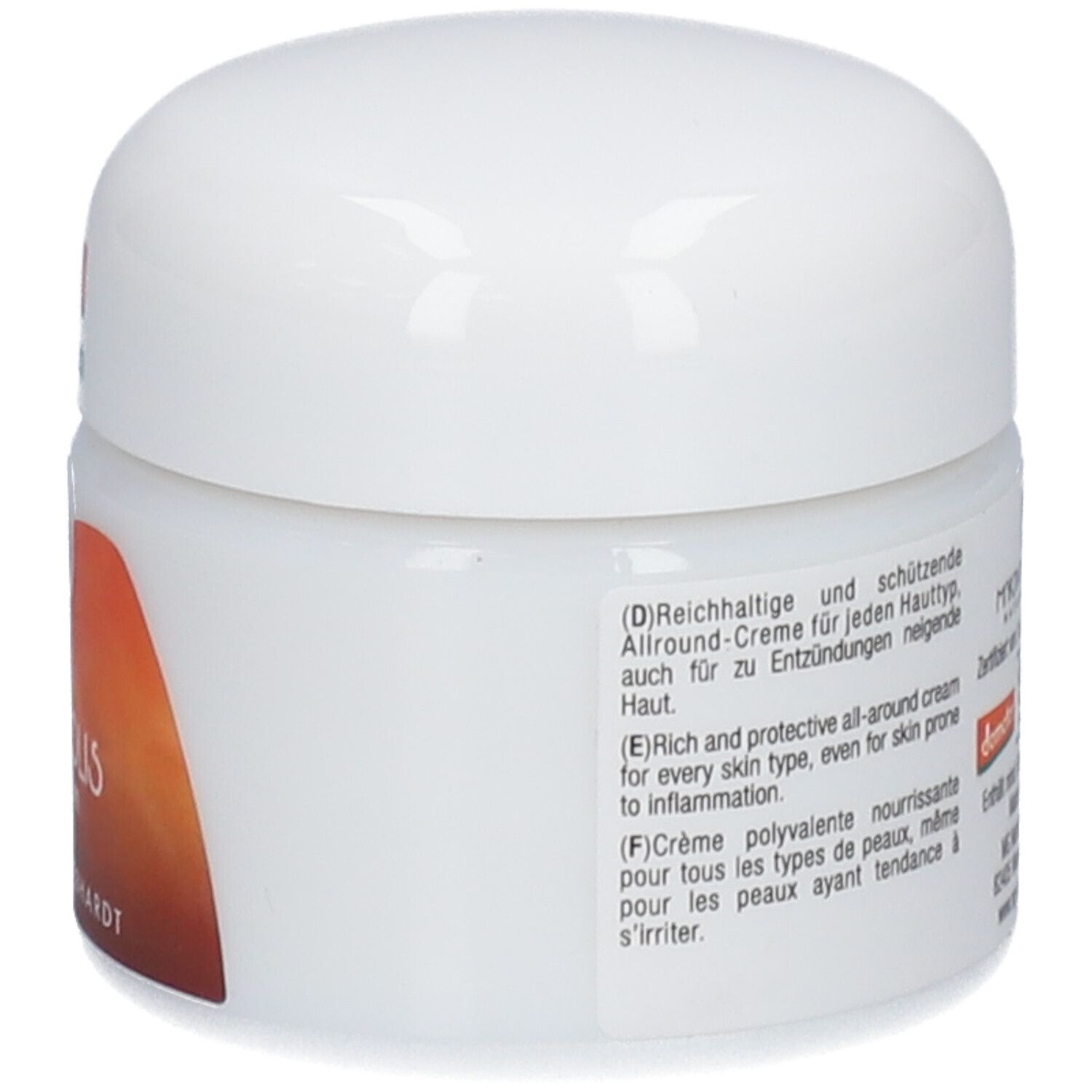 Crème Propolis Martina Gebhardt : Vue latérale du pot avec description produit en plusieurs langues.