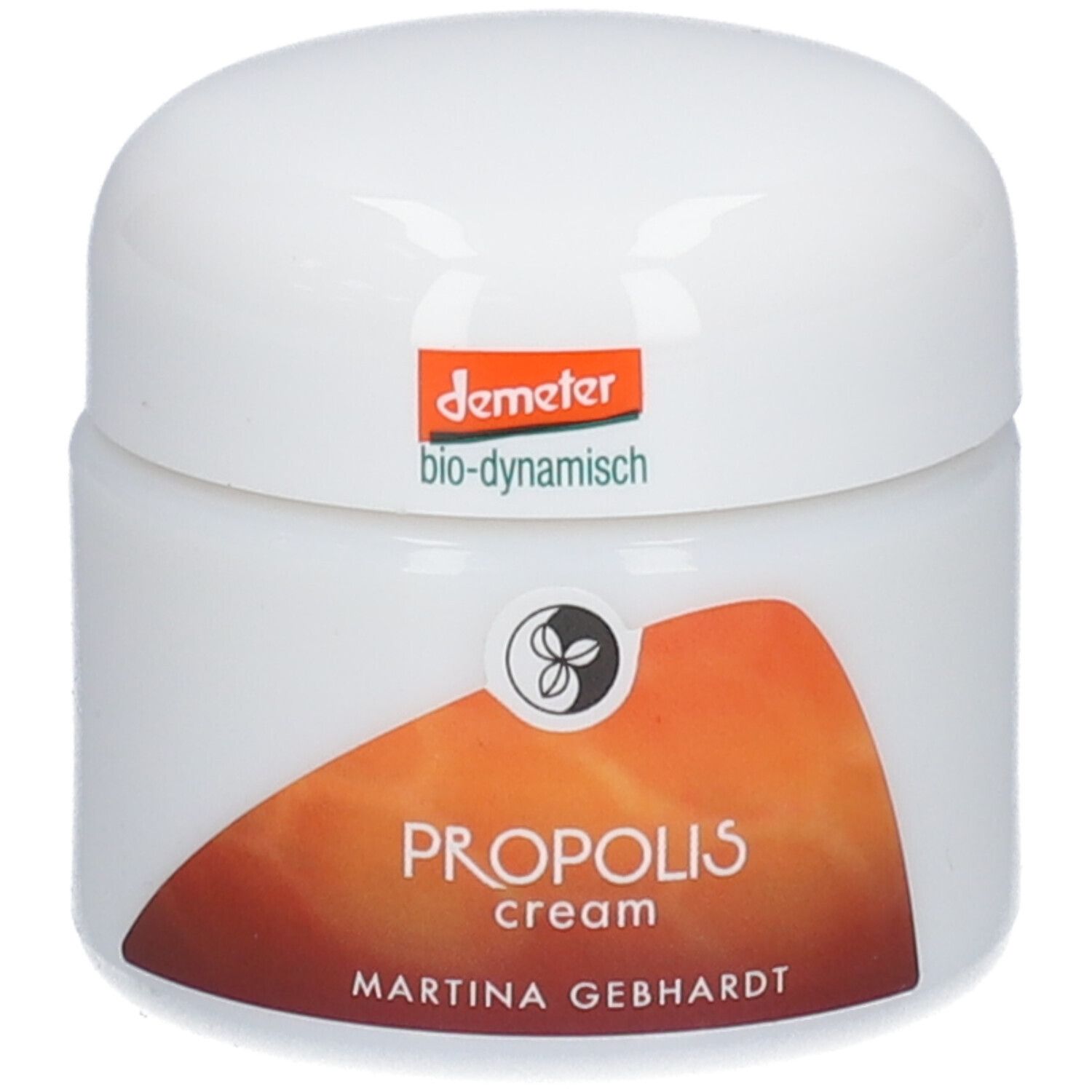 Crème Propolis Martina Gebhardt : Pot blanc avec étiquette orange-brun. Sceau Demeter bio-dynamique.