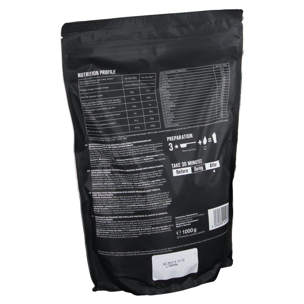 Dos du sachet Protein Complex. Contient des informations nutritionnelles et des instructions de préparation. Sachet noir avec texte blanc.