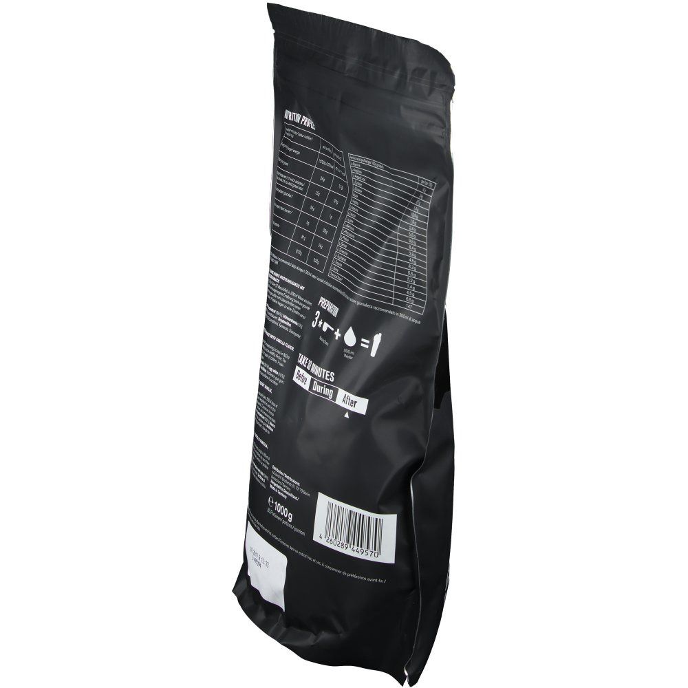 Sachet Protein Complex, vue latérale. Informations nutritionnelles et instructions de préparation visibles. Sachet noir avec texte blanc.