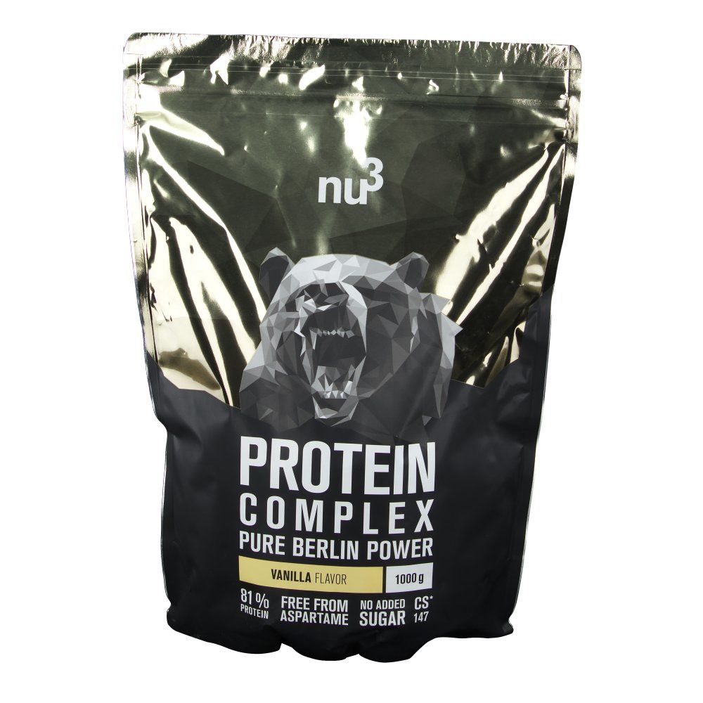 Sachet Protein Complex Vanille. Logo "nu3" en haut. Inscription : "PROTEIN COMPLEX", "VANILLA FLAVOR", "81% PROTEIN".
